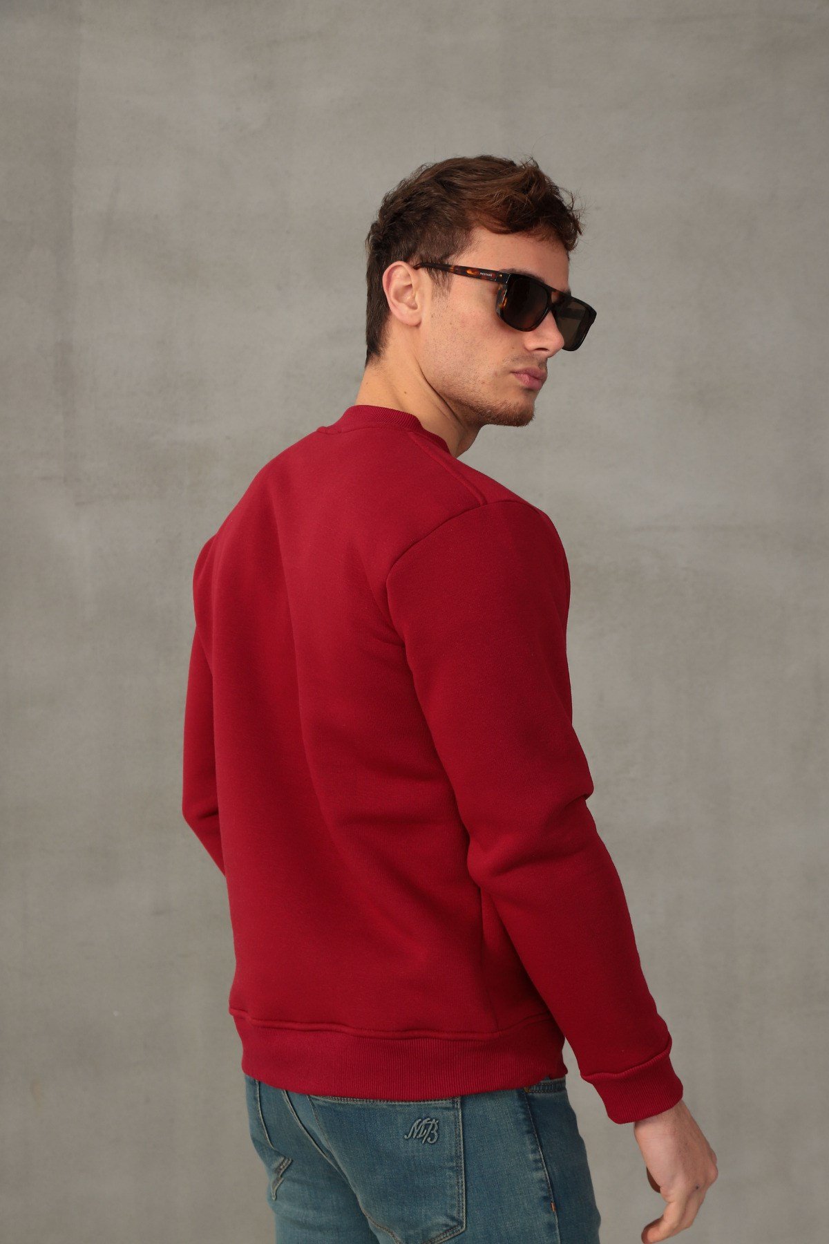 Unisex Relax Fit Rahat Kesim Pamuklu Yumuşak Dokulu İçi Polarlı Basic Bordo Bisiklet Yaka Sweatshirt