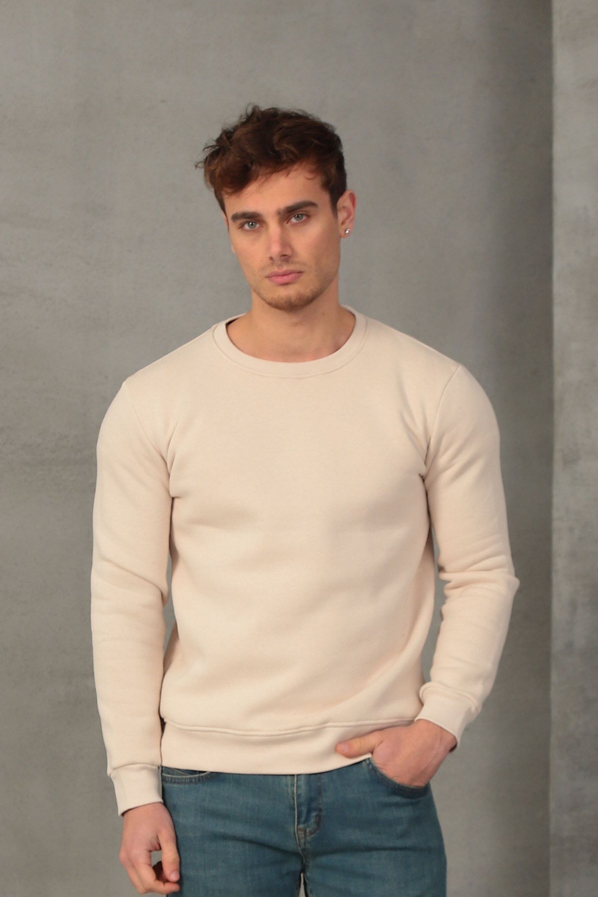 Unisex Relax Fit Rahat Kesim Pamuklu Yumuşak Dokulu İçi Polarlı Basic Ekru Bisiklet Yaka Sweatshirt