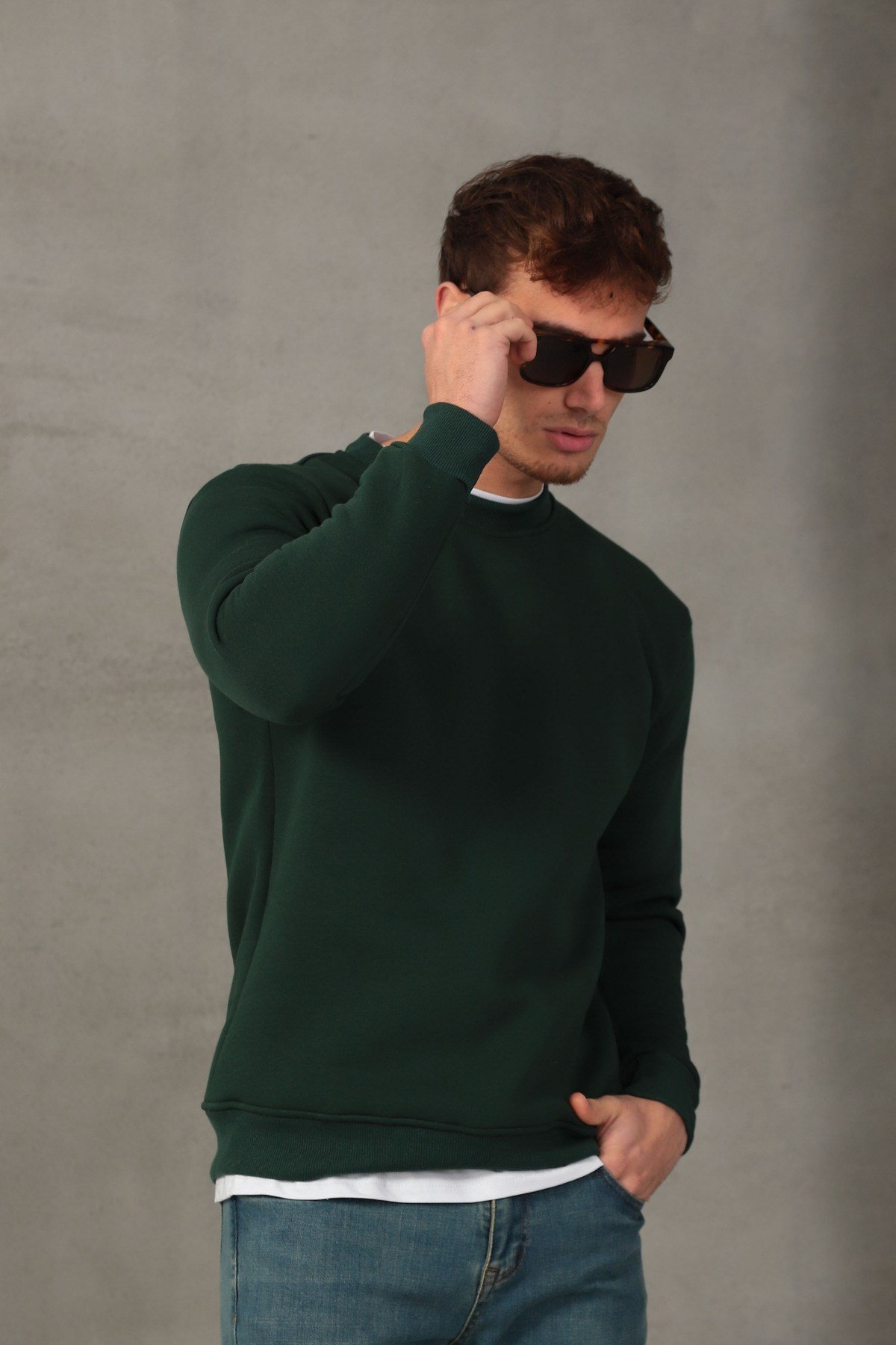 Unisex Relax Fit Rahat Kesim Pamuklu Yumuşak Dokulu İçi Polarlı Basic Yeşil Bisiklet Yaka Sweatshirt