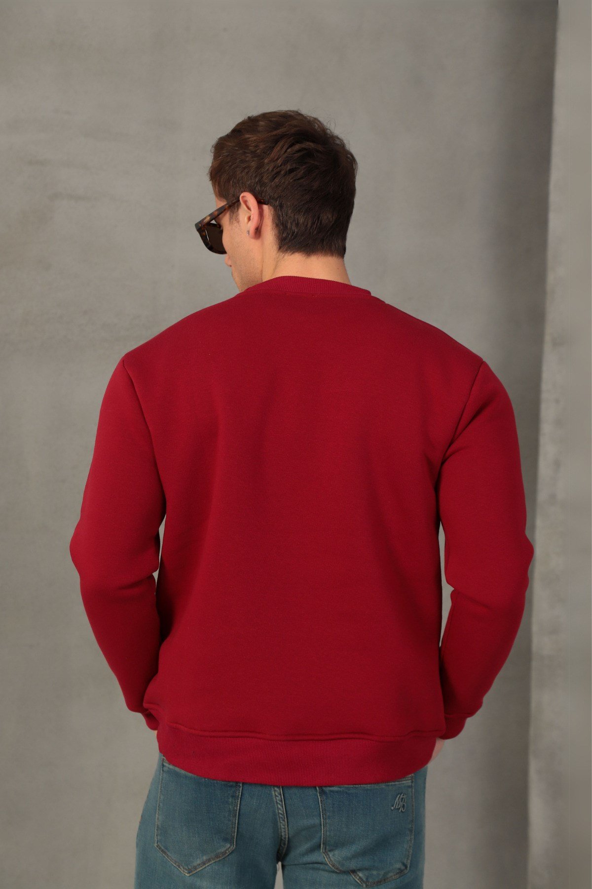 Unisex Relax Fit Rahat Kesim Pamuklu Yumuşak Dokulu İçi Polarlı Basic Bordo Bisiklet Yaka Sweatshirt