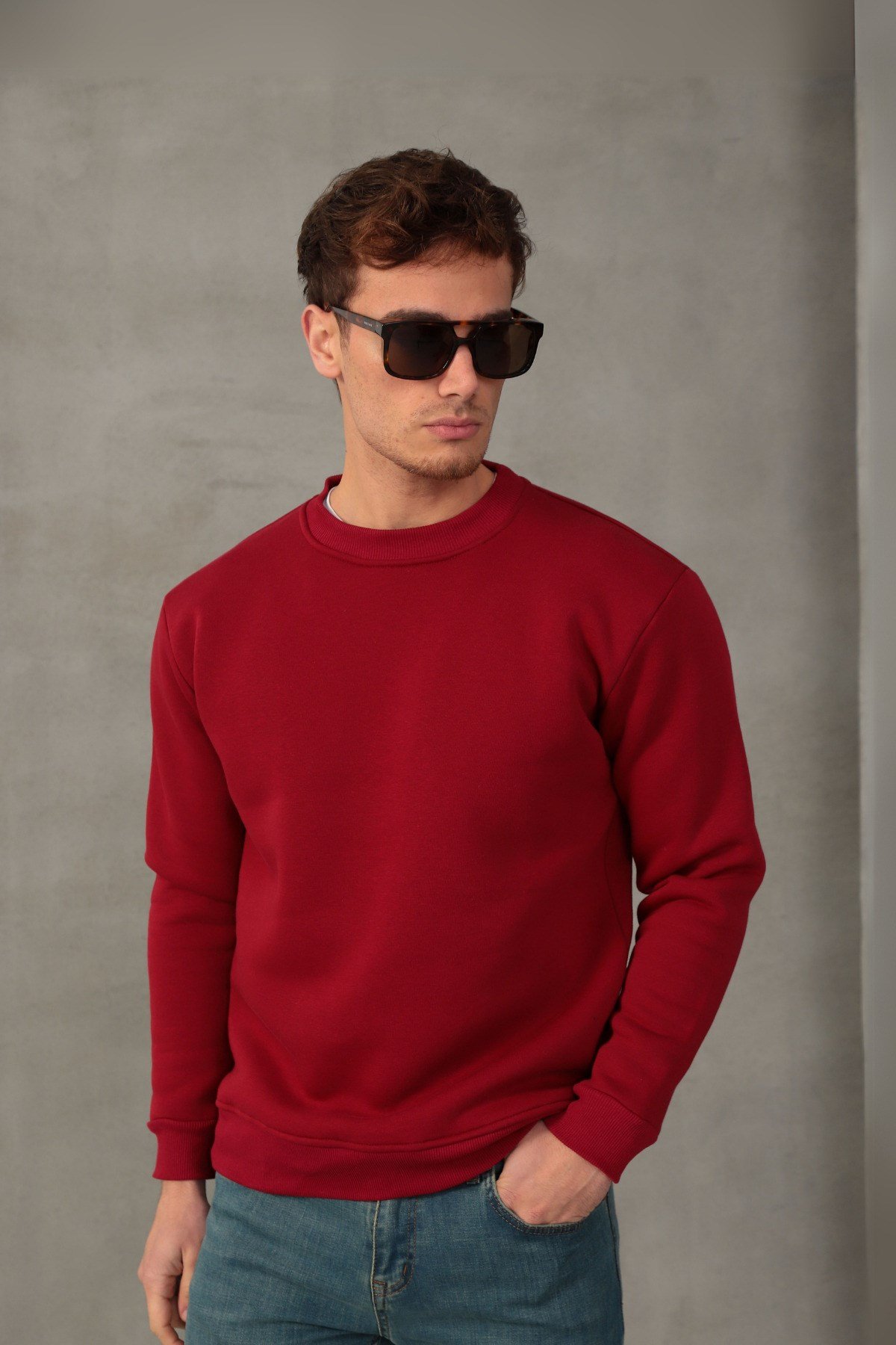 Unisex Relax Fit Rahat Kesim Pamuklu Yumuşak Dokulu İçi Polarlı Basic Bordo Bisiklet Yaka Sweatshirt