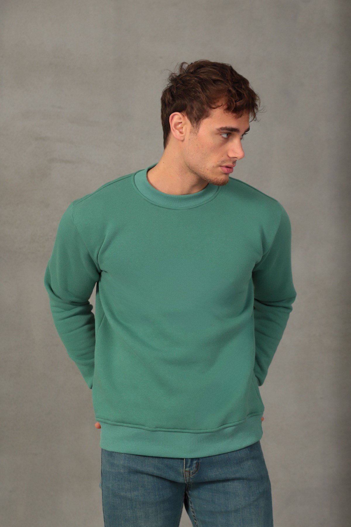 Unisex Relax Fit Rahat Kesim Pamuklu Yumuşak Dokulu İçi Polarlı Basic Mint Bisiklet Yaka Sweatshirt
