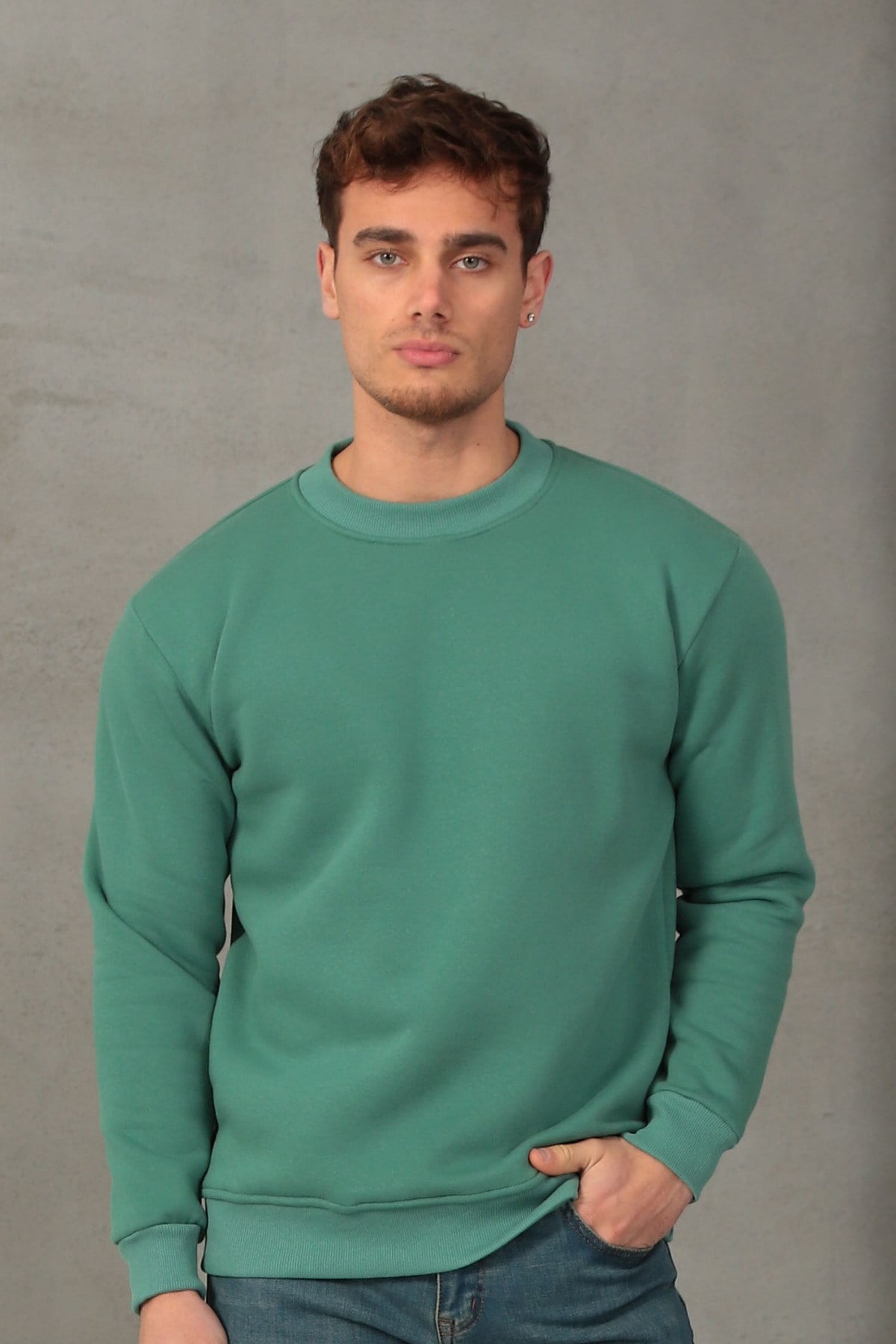 Unisex Relax Fit Rahat Kesim Pamuklu Yumuşak Dokulu İçi Polarlı Basic Mint Bisiklet Yaka Sweatshirt
