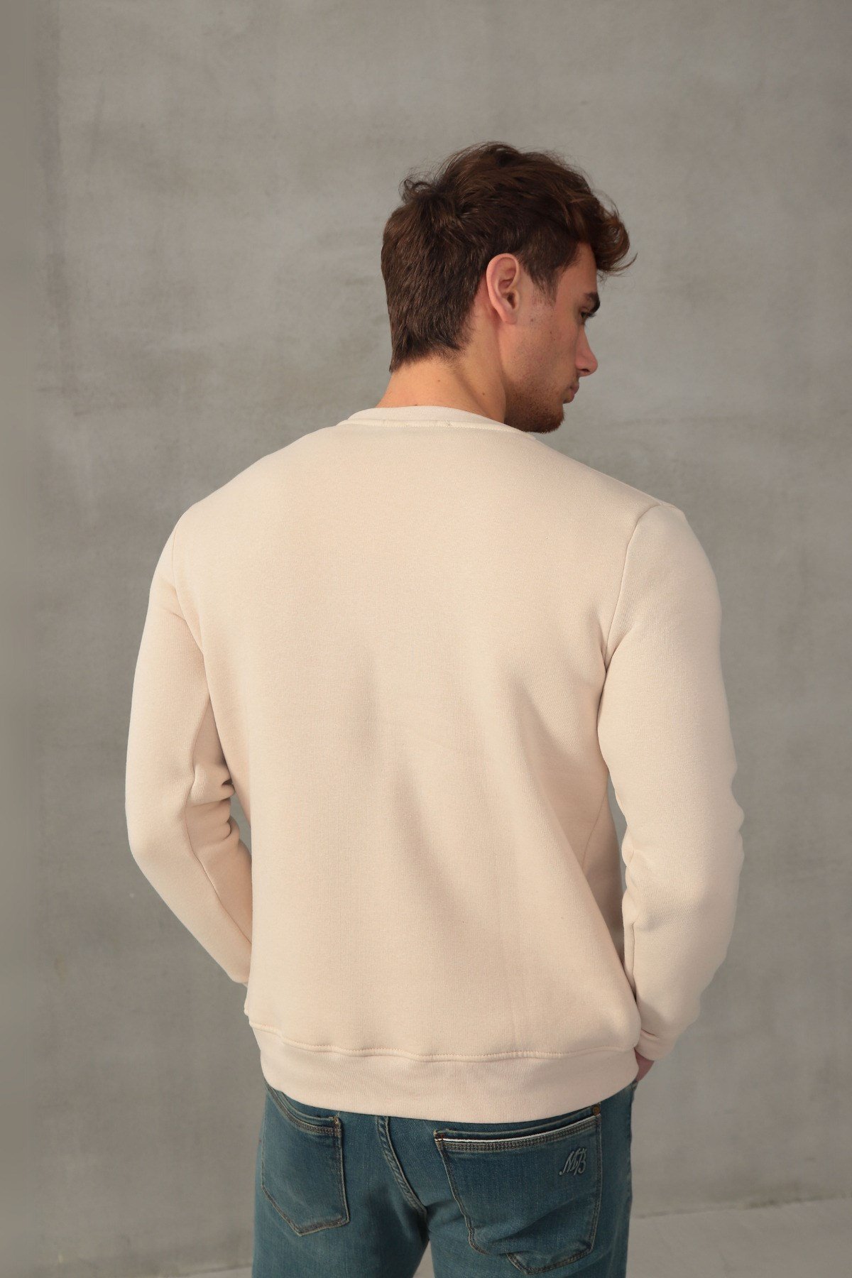 Unisex Relax Fit Rahat Kesim Pamuklu Yumuşak Dokulu İçi Polarlı Basic Ekru Bisiklet Yaka Sweatshirt