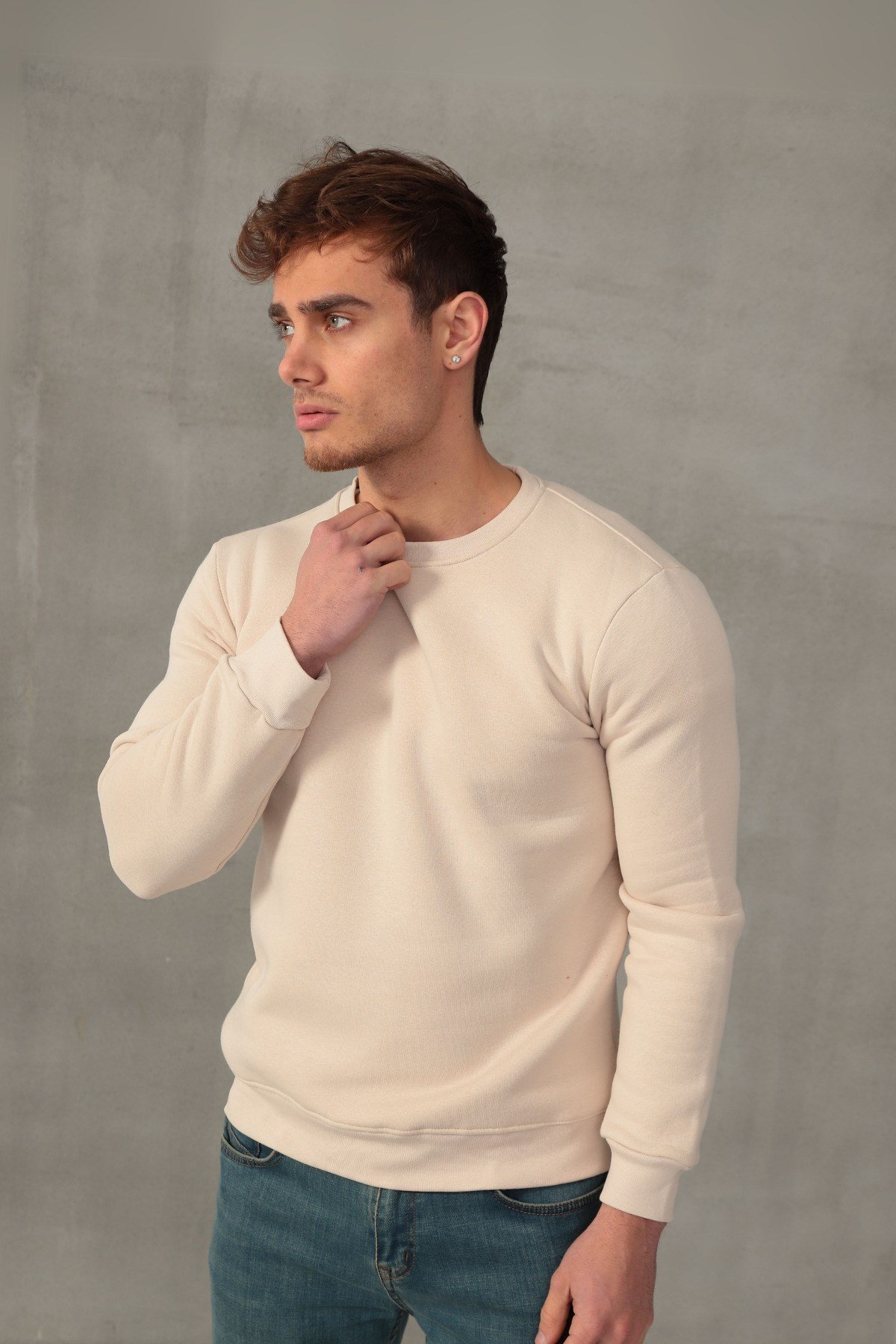 Unisex Relax Fit Rahat Kesim Pamuklu Yumuşak Dokulu İçi Polarlı Basic Ekru Bisiklet Yaka Sweatshirt
