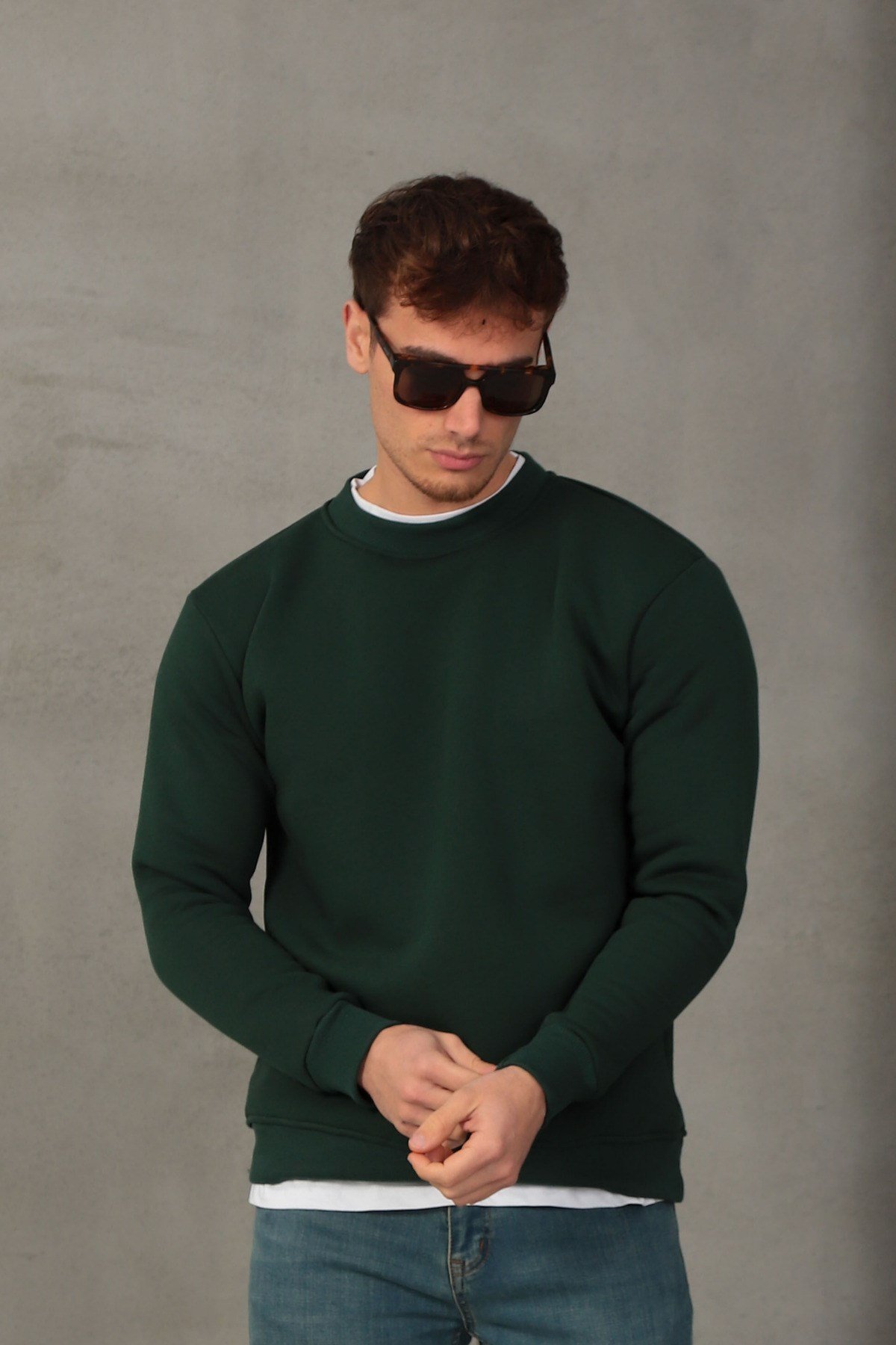 Unisex Relax Fit Rahat Kesim Pamuklu Yumuşak Dokulu İçi Polarlı Basic Yeşil Bisiklet Yaka Sweatshirt