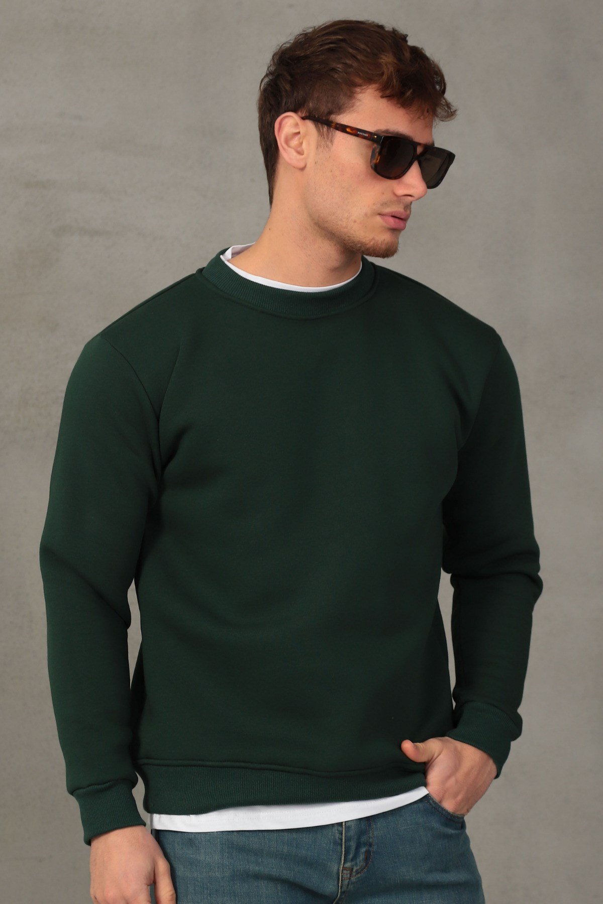 Unisex Relax Fit Rahat Kesim Pamuklu Yumuşak Dokulu İçi Polarlı Basic Yeşil Bisiklet Yaka Sweatshirt