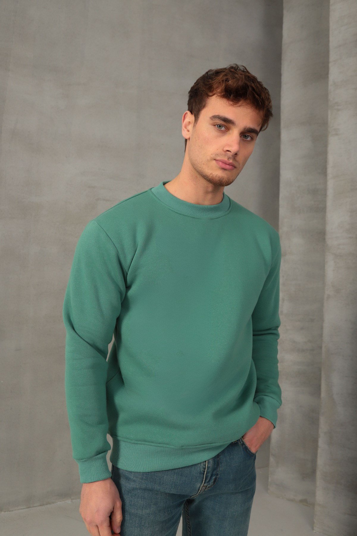 Unisex Relax Fit Rahat Kesim Pamuklu Yumuşak Dokulu İçi Polarlı Basic Mint Bisiklet Yaka Sweatshirt