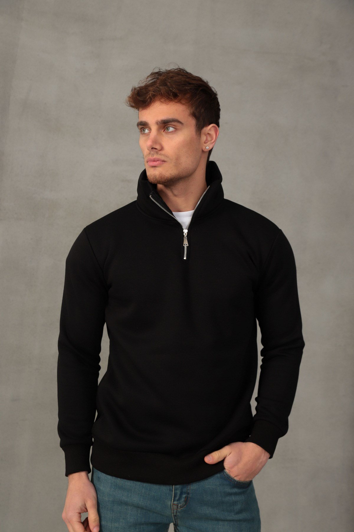 Unisex Relax Fit Rahat Kesim Yumuşak Dokulu İçi Polarlı Yarım Fermuarlı Dik Yaka Sweatshirt