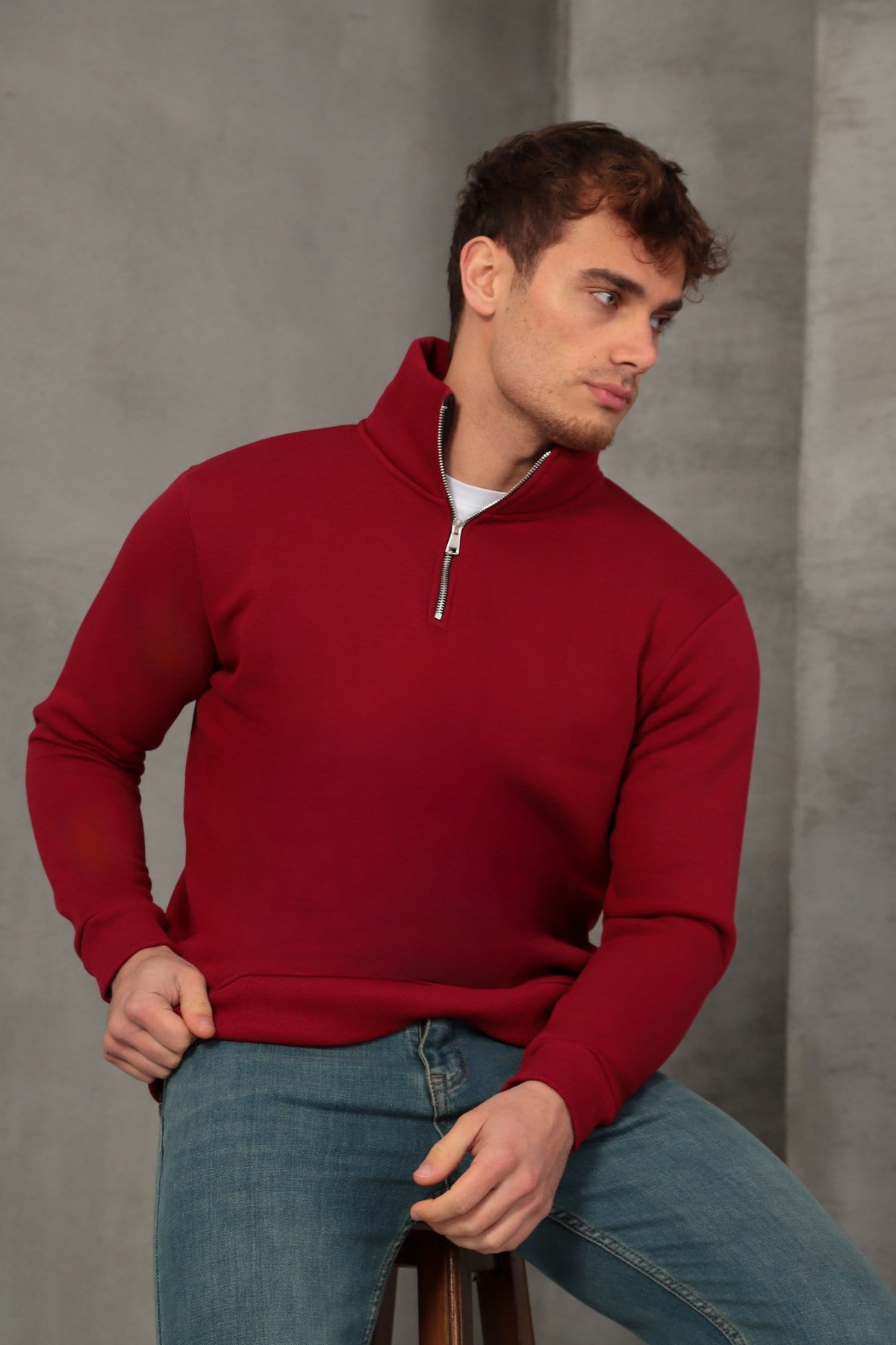 Unisex Relax Fit Rahat Kesim Yumuşak Dokulu İçi Polarlı Yarım Fermuarlı Dik Yaka Sweatshirt