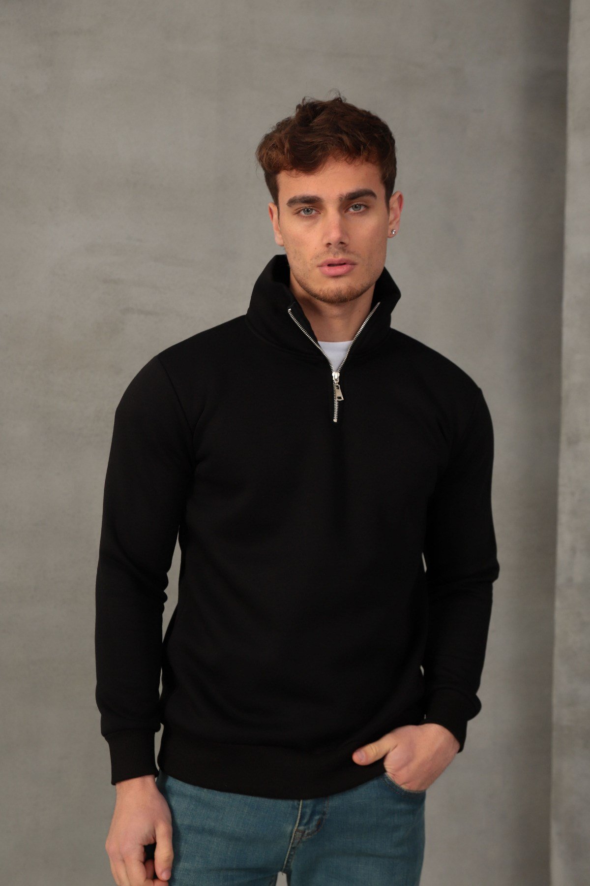 Unisex Relax Fit Rahat Kesim Yumuşak Dokulu İçi Polarlı Yarım Fermuarlı Dik Yaka Sweatshirt