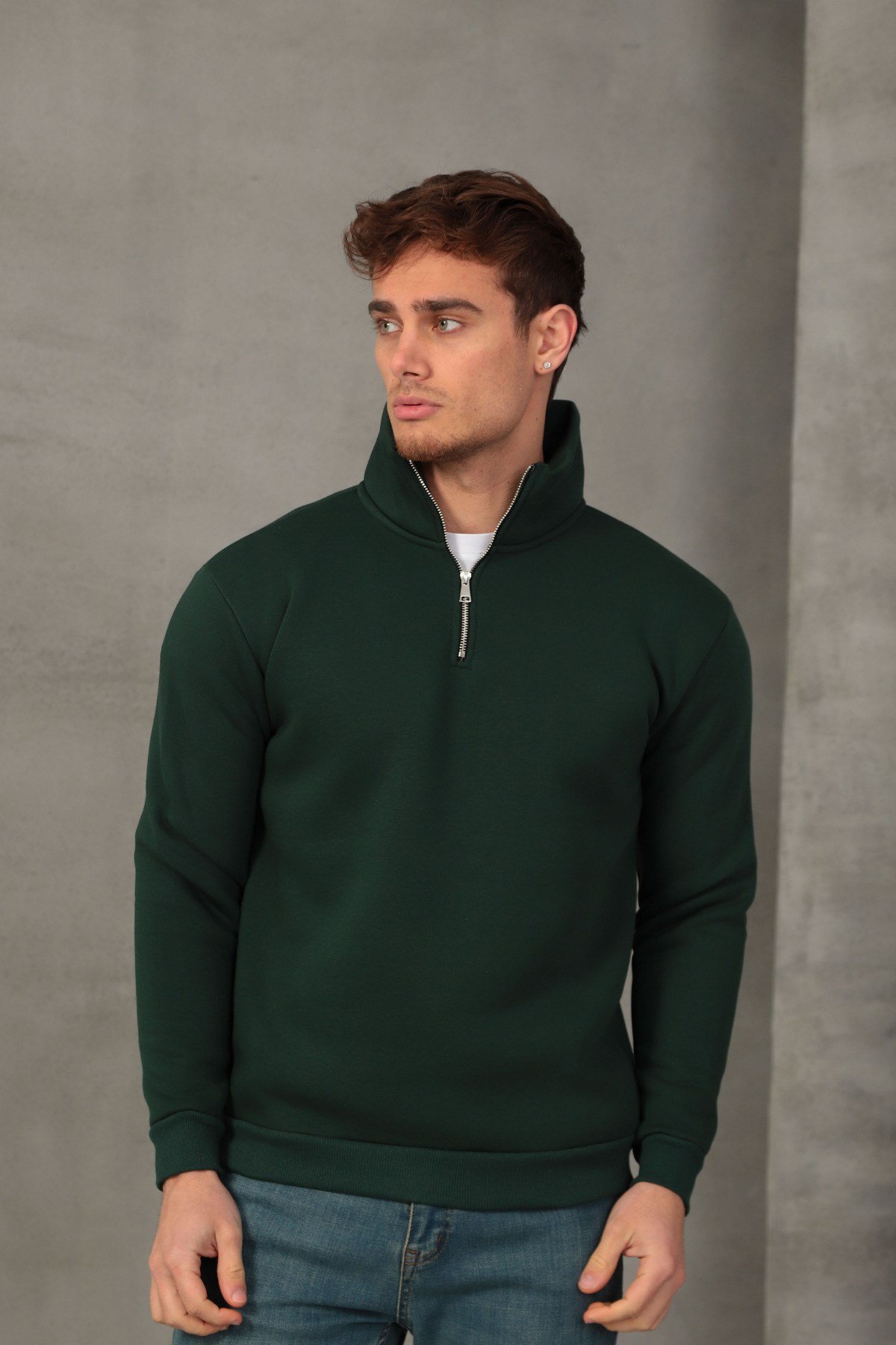 Unisex Relax Fit Rahat Kesim Yumuşak Dokulu İçi Polarlı Yarım Fermuarlı Dik Yaka Sweatshirt