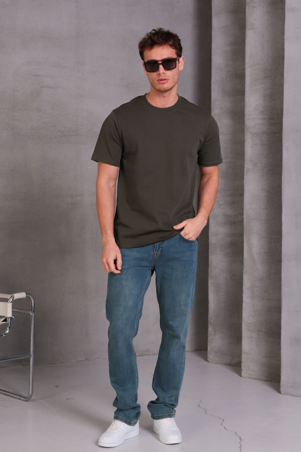 Unisex Slim Fit Dar Kesim %100 Pamuk Yumuşak Dokulu Haki Bisiklet Yaka Tişört