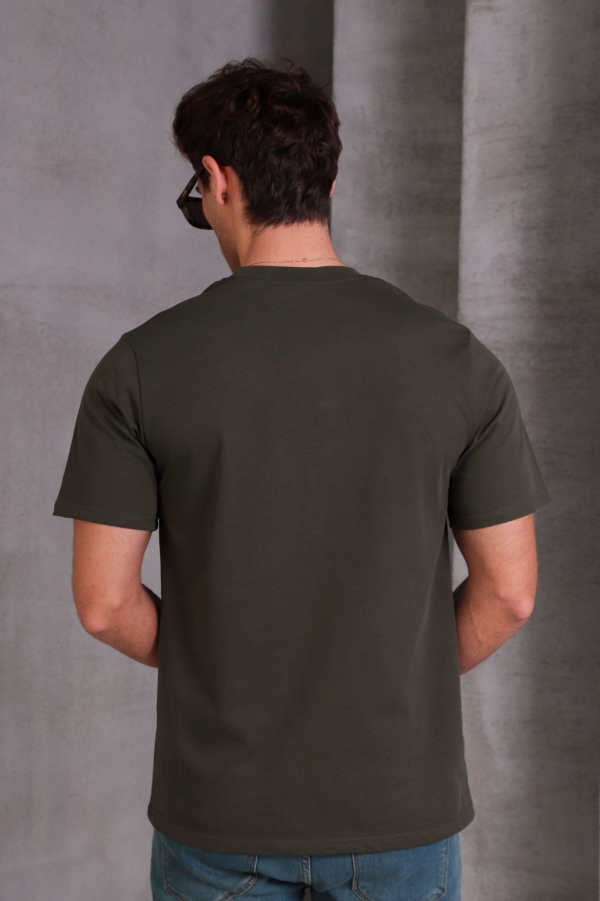 Unisex Slim Fit Dar Kesim %100 Pamuk Yumuşak Dokulu Haki Bisiklet Yaka Tişört