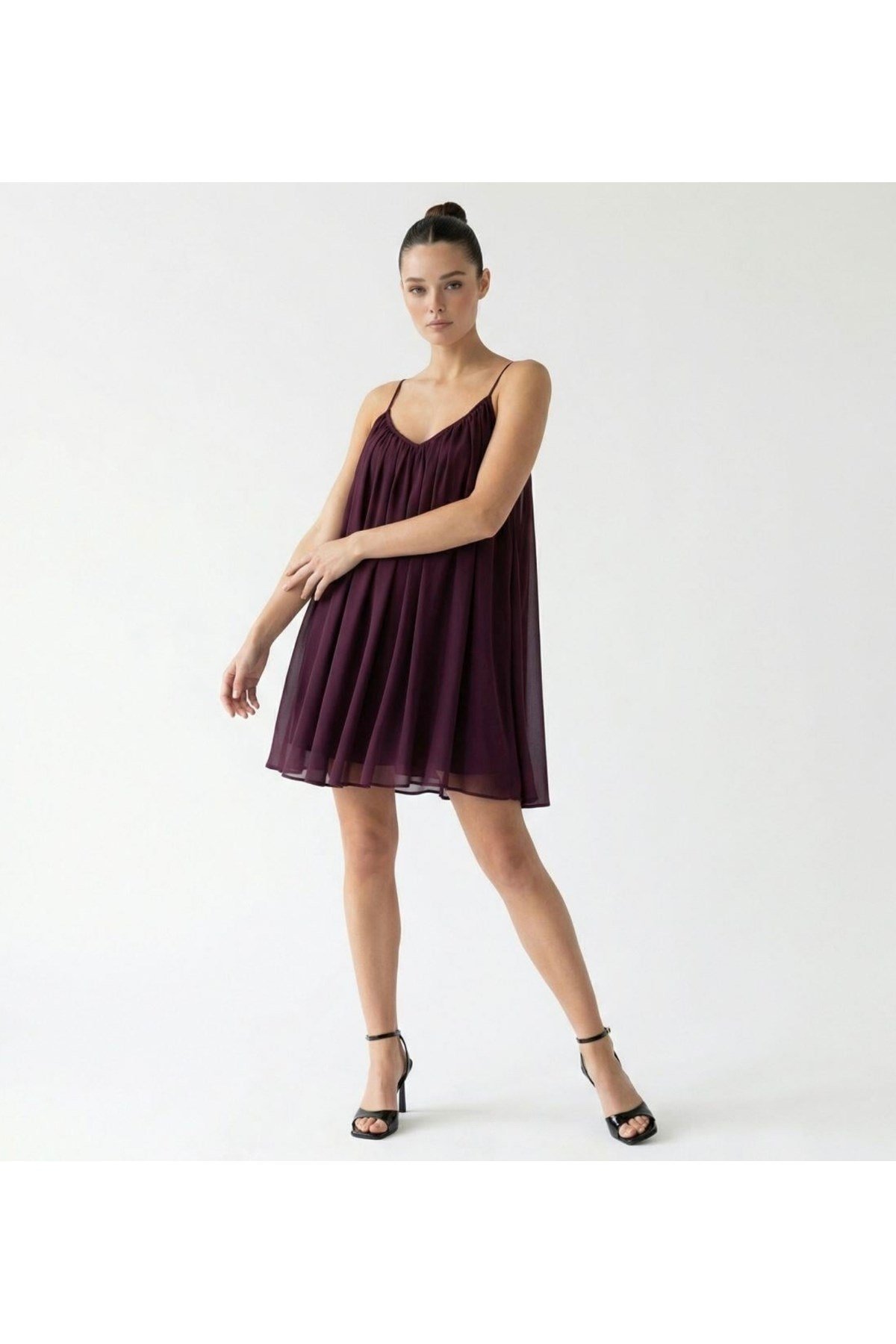 BLG şifon elbise mini bordo