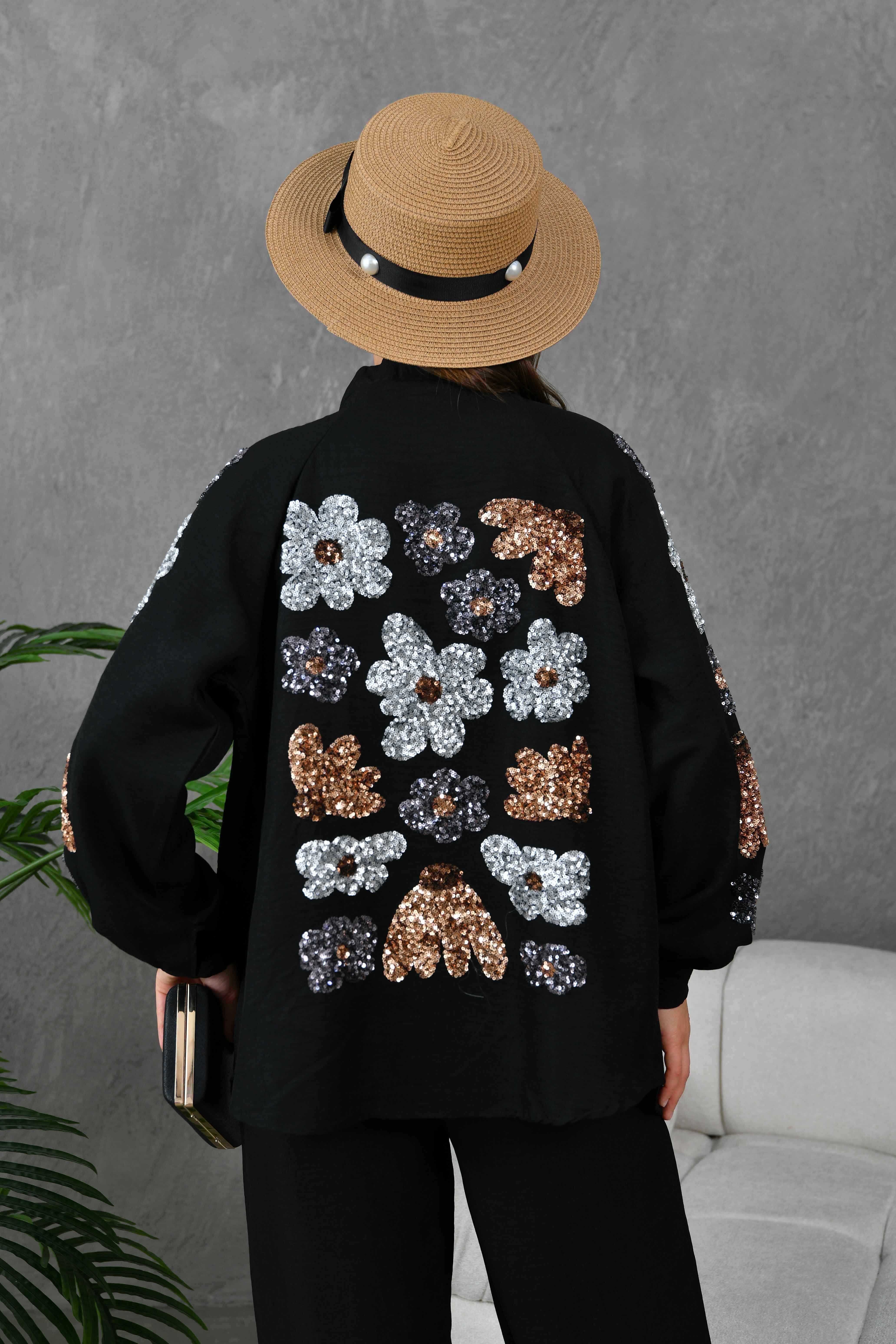 Avira  İşlemeli Keten Kimono Takım - Siyah