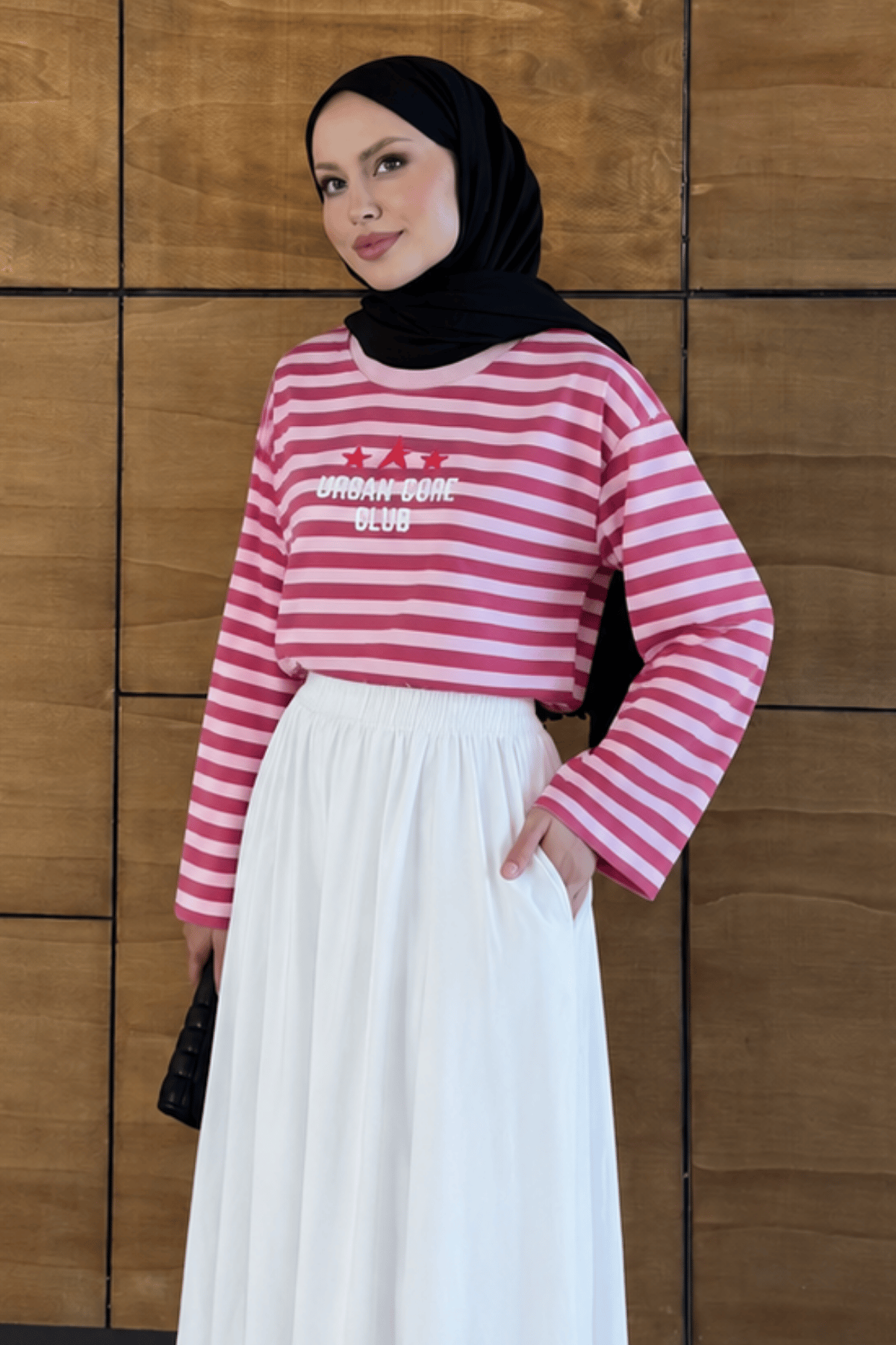 Baskılı Kırmızı - Pembe Çizgili Calvera T-shirt