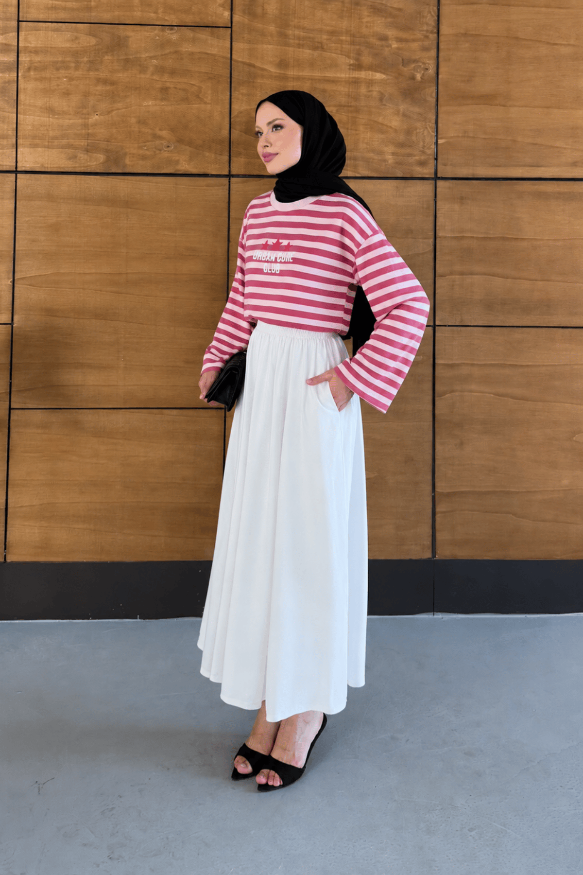 Baskılı Kırmızı - Pembe Çizgili Calvera T-shirt