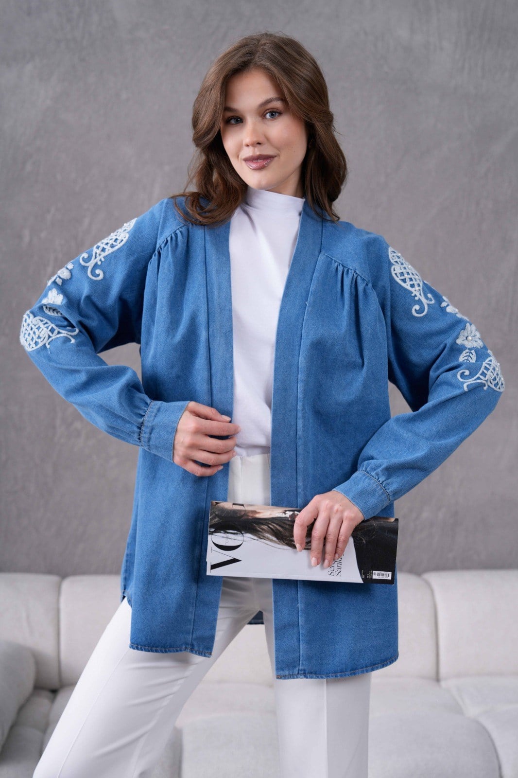 Dina İşlemeli Kot Kimono - Mavi