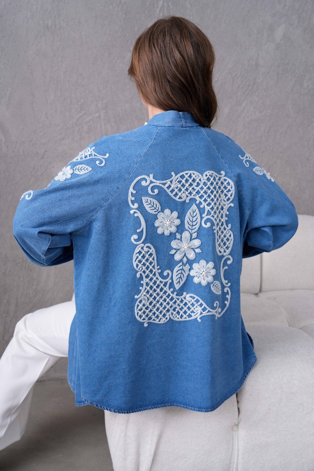 Dina İşlemeli Kot Kimono - Mavi
