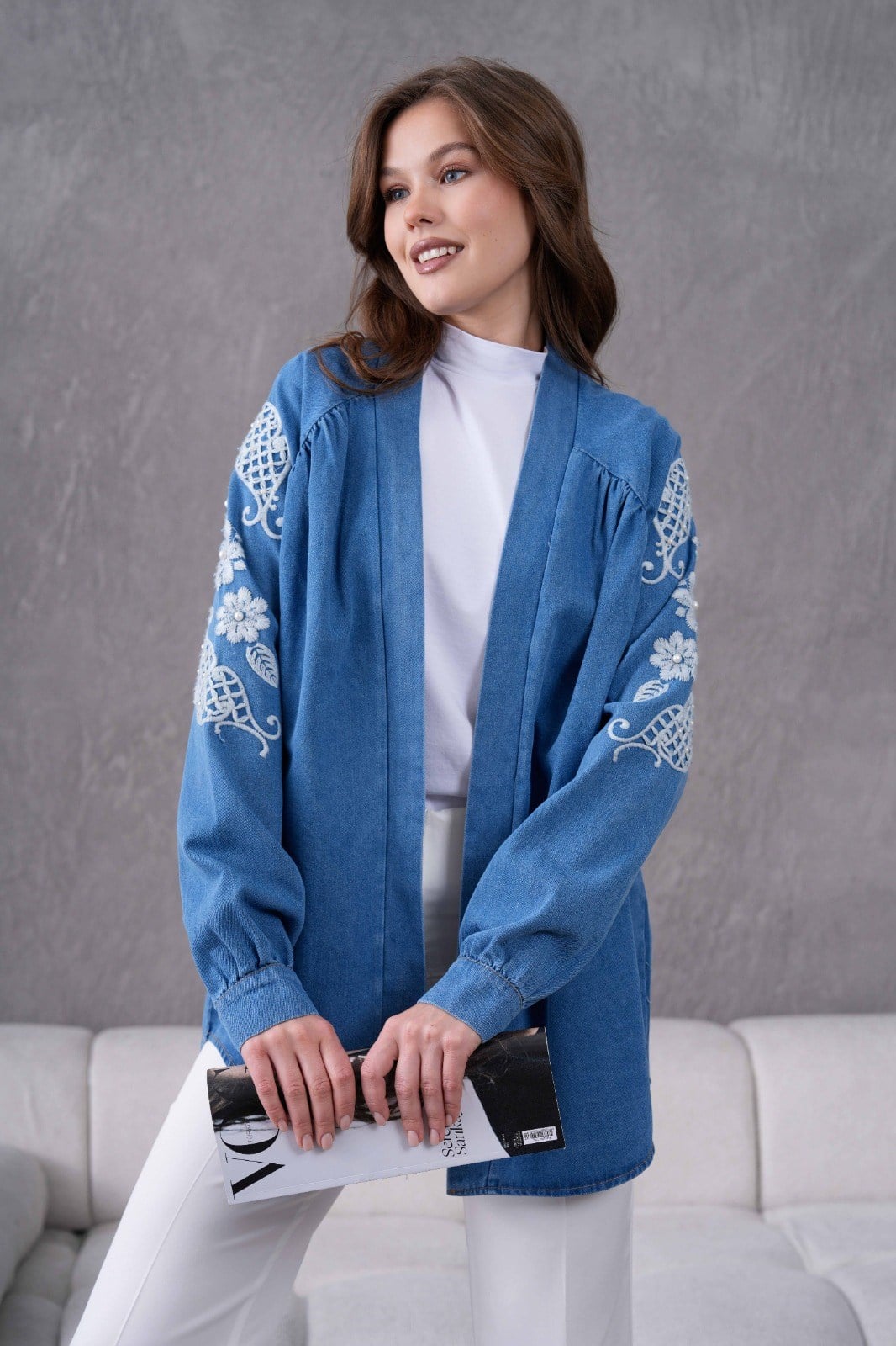 Dina İşlemeli Kot Kimono - Mavi