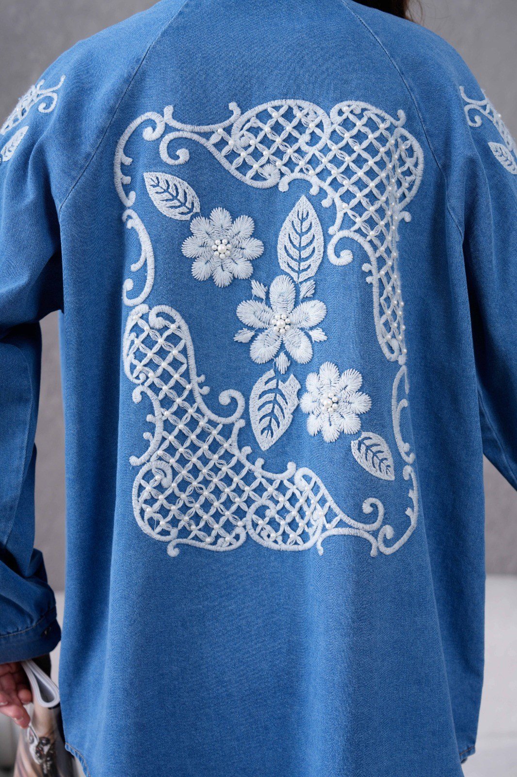 Dina İşlemeli Kot Kimono - Mavi