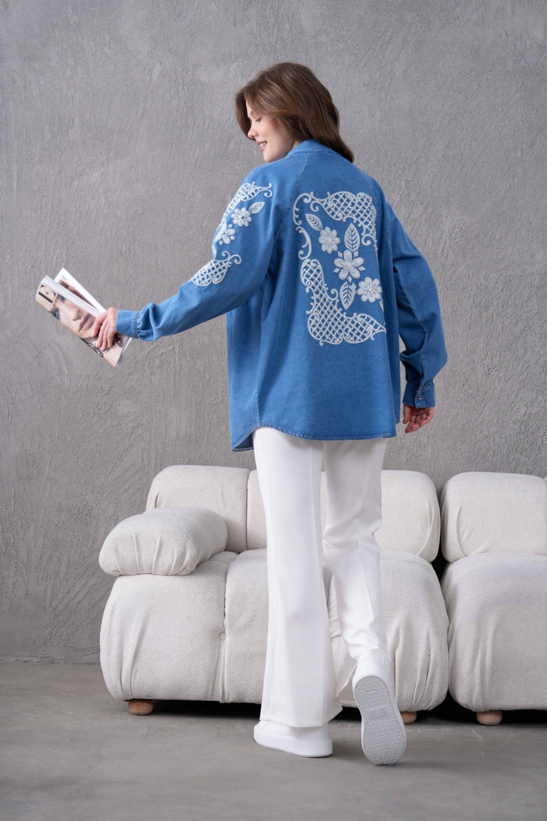 Dina İşlemeli Kot Kimono - Mavi
