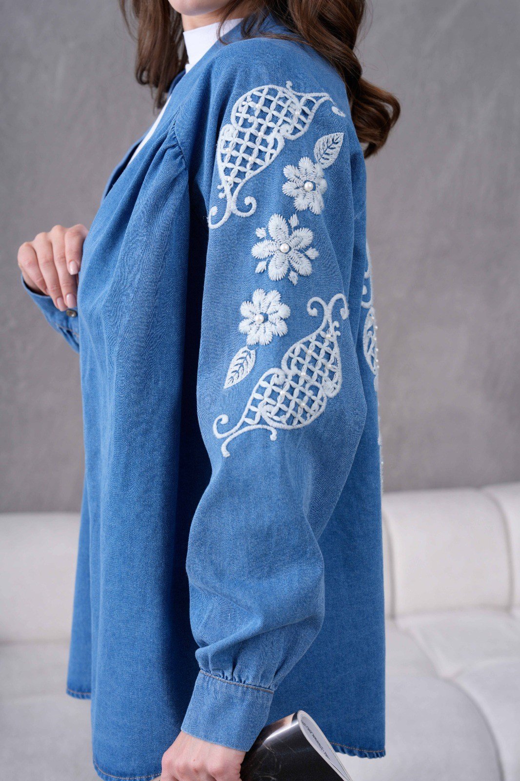 Dina İşlemeli Kot Kimono - Mavi
