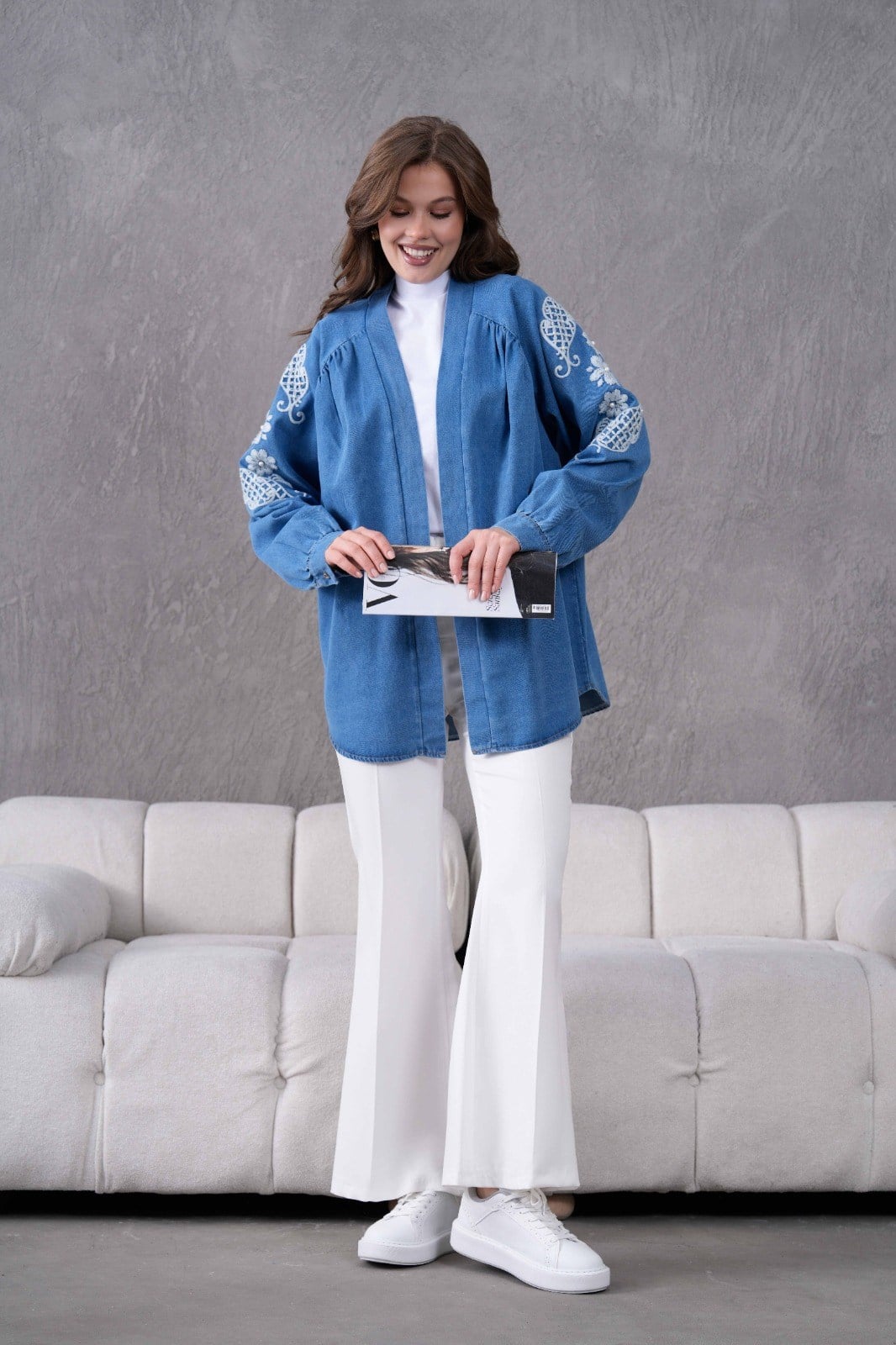 Dina İşlemeli Kot Kimono - Mavi