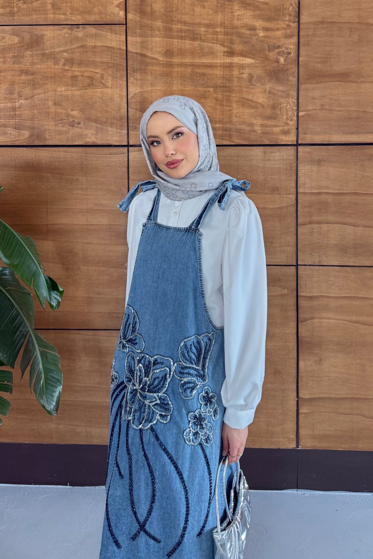 Efsuna İşleme Askılı Kot Salopet Elbise - Lacivert