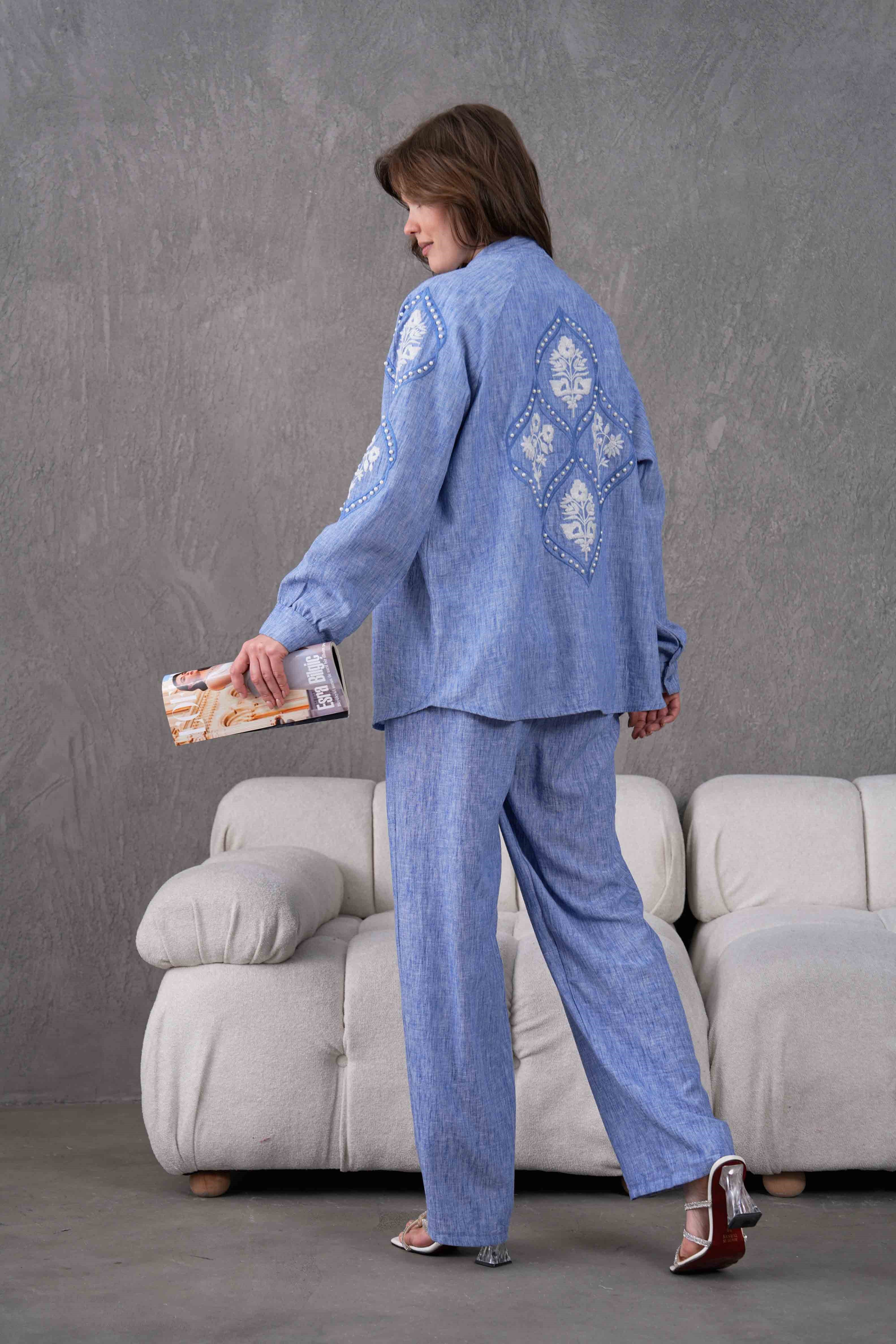 Elin İşlemeli Keten Kimono Takım - Lacivert