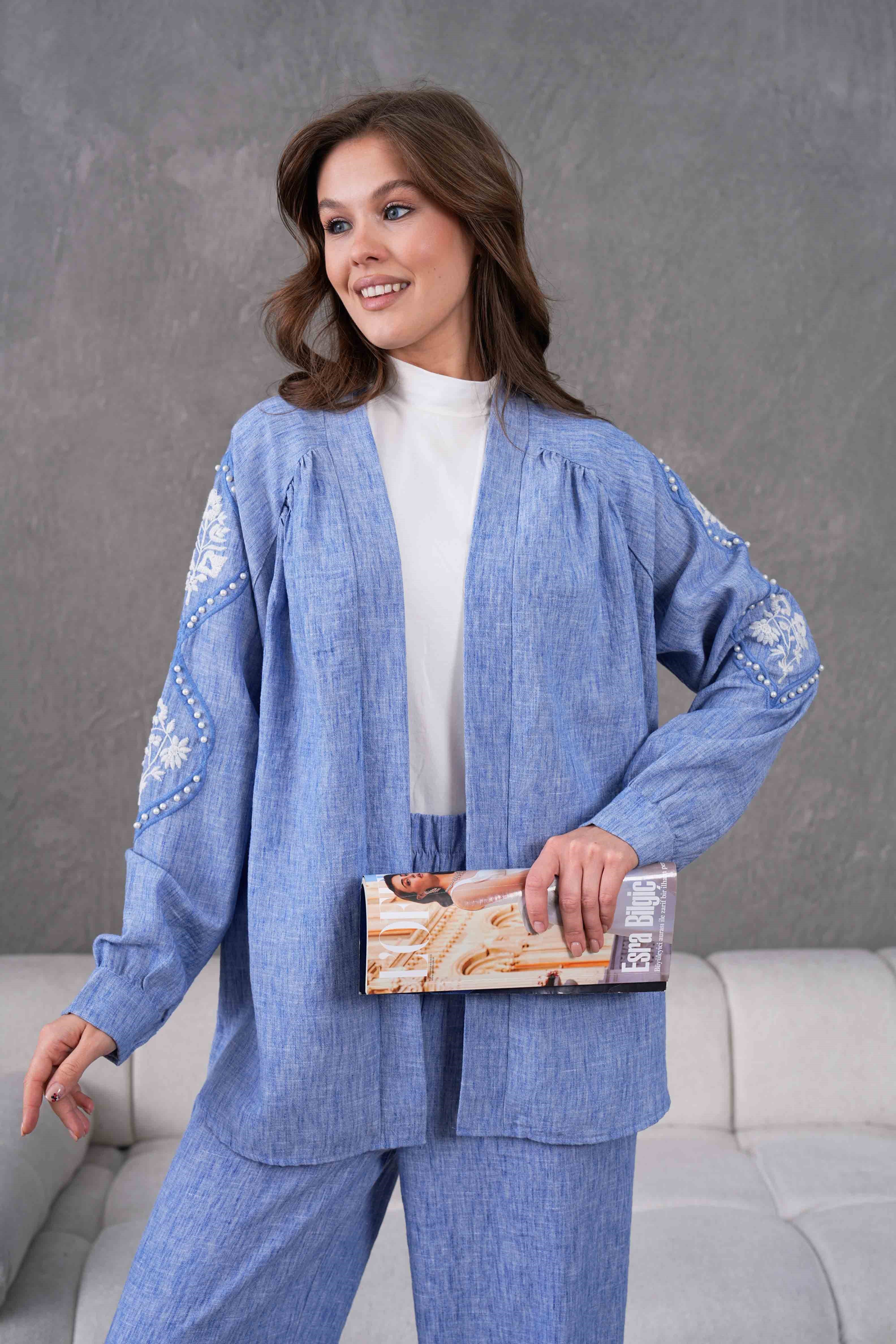 Elin İşlemeli Keten Kimono Takım - Lacivert