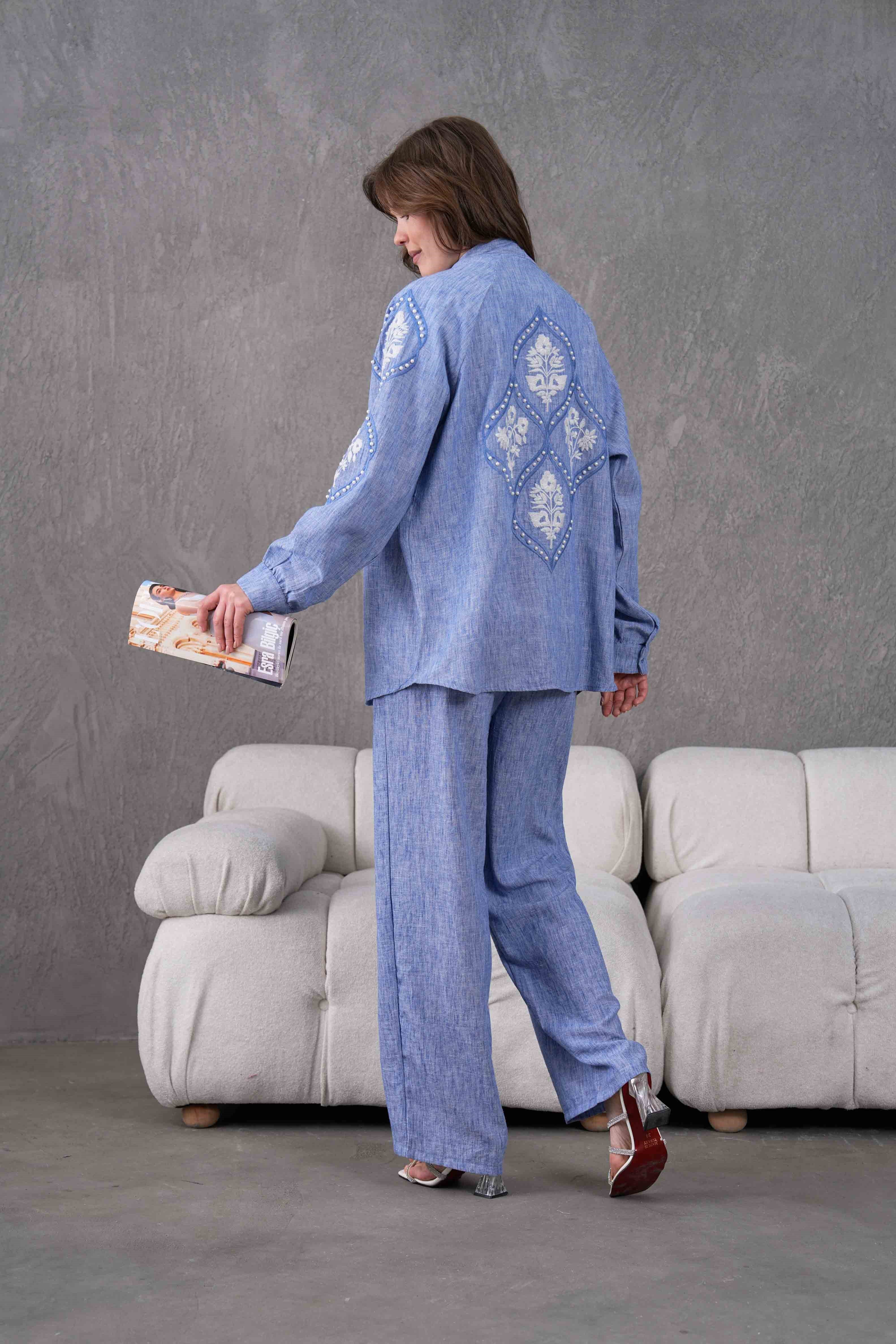 Elin İşlemeli Keten Kimono Takım - Lacivert
