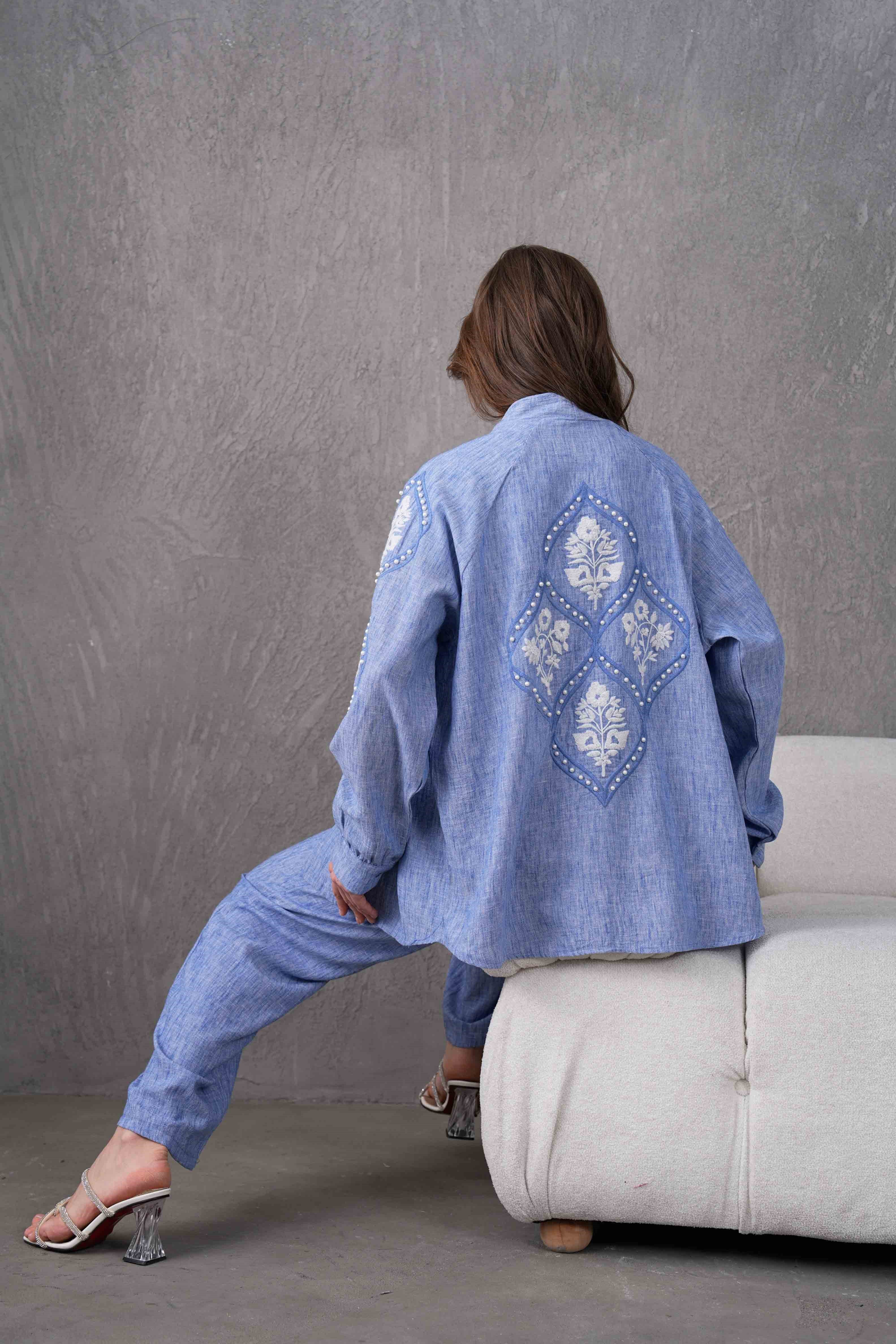 Elin İşlemeli Keten Kimono Takım - Lacivert