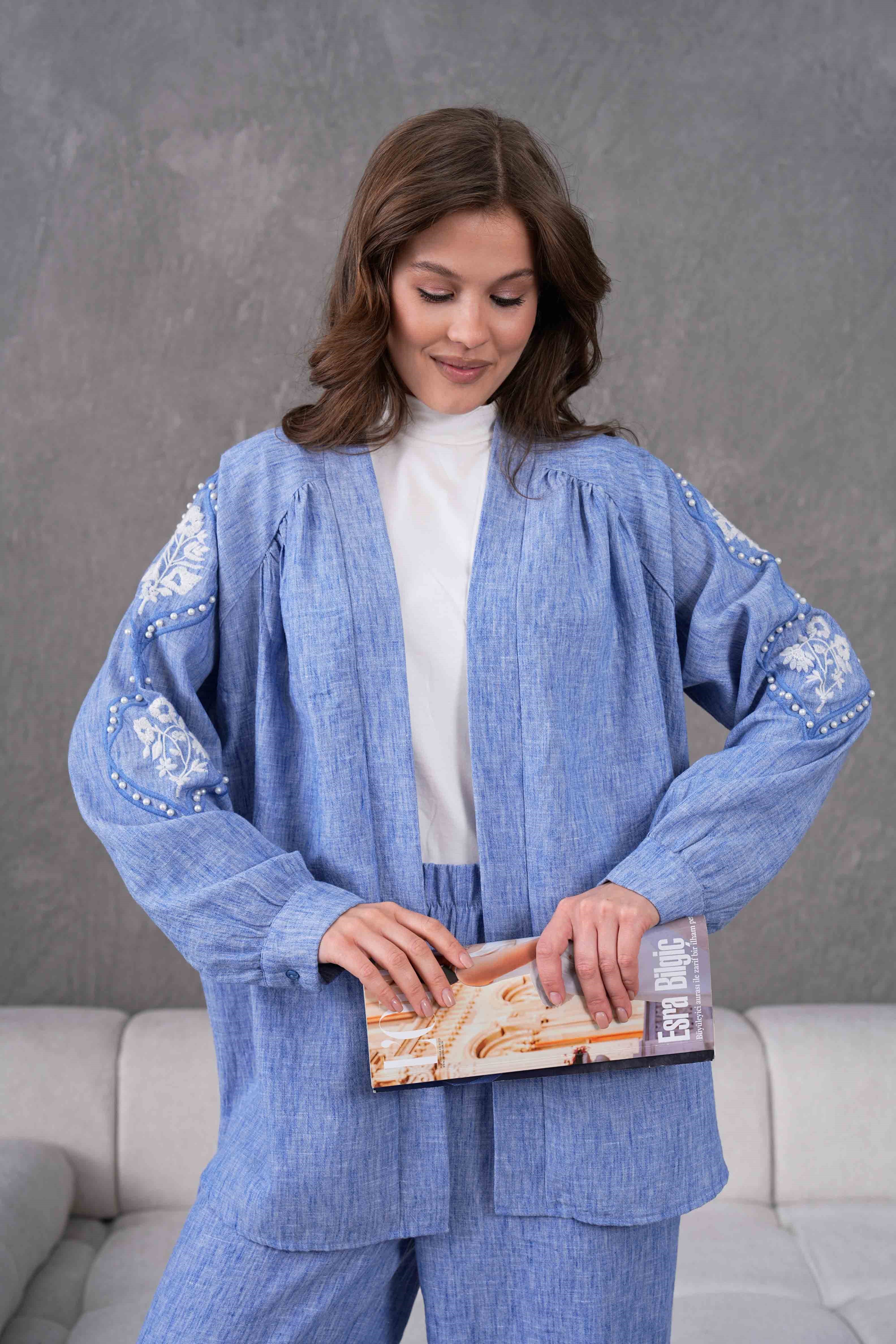 Elin İşlemeli Keten Kimono Takım - Lacivert