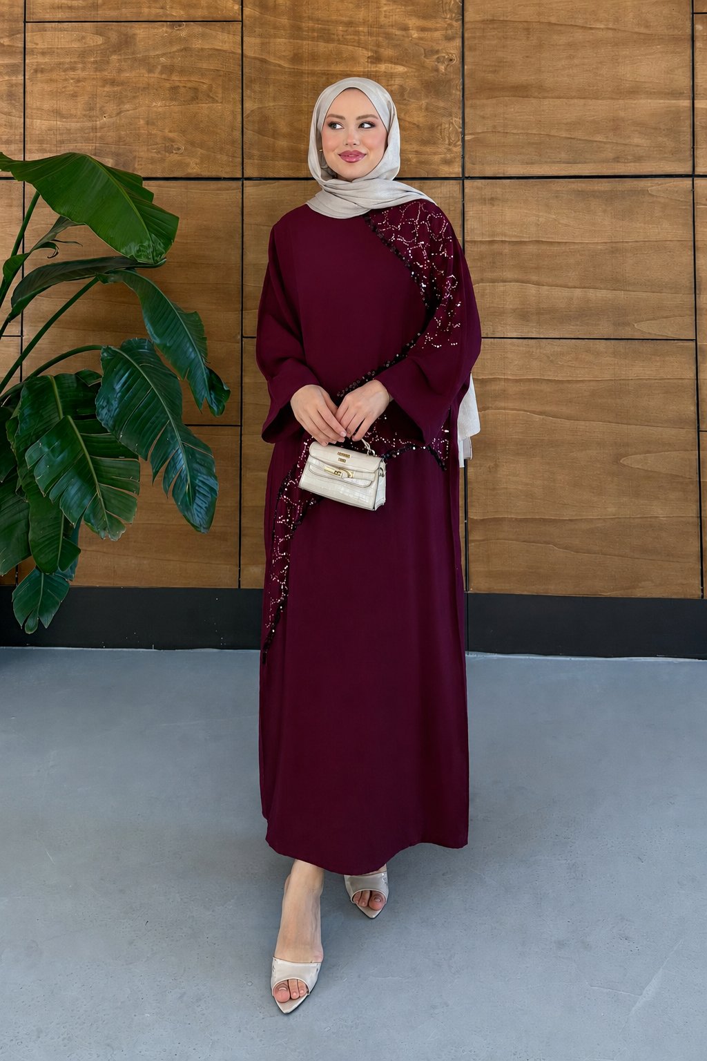 Elisa İşlemeli Tensel Elbise - Bordo