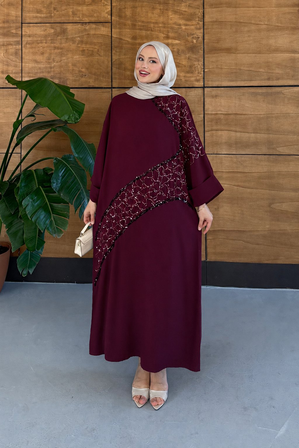 Elisa İşlemeli Tensel Elbise - Bordo