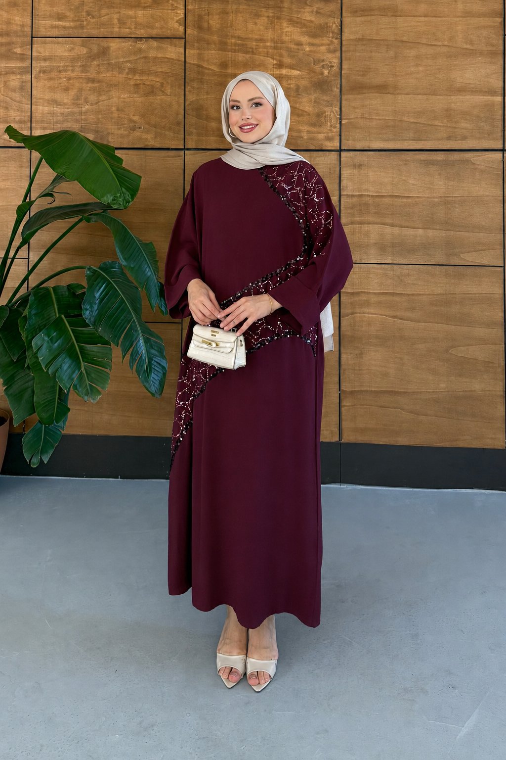 Elisa İşlemeli Tensel Elbise - Bordo