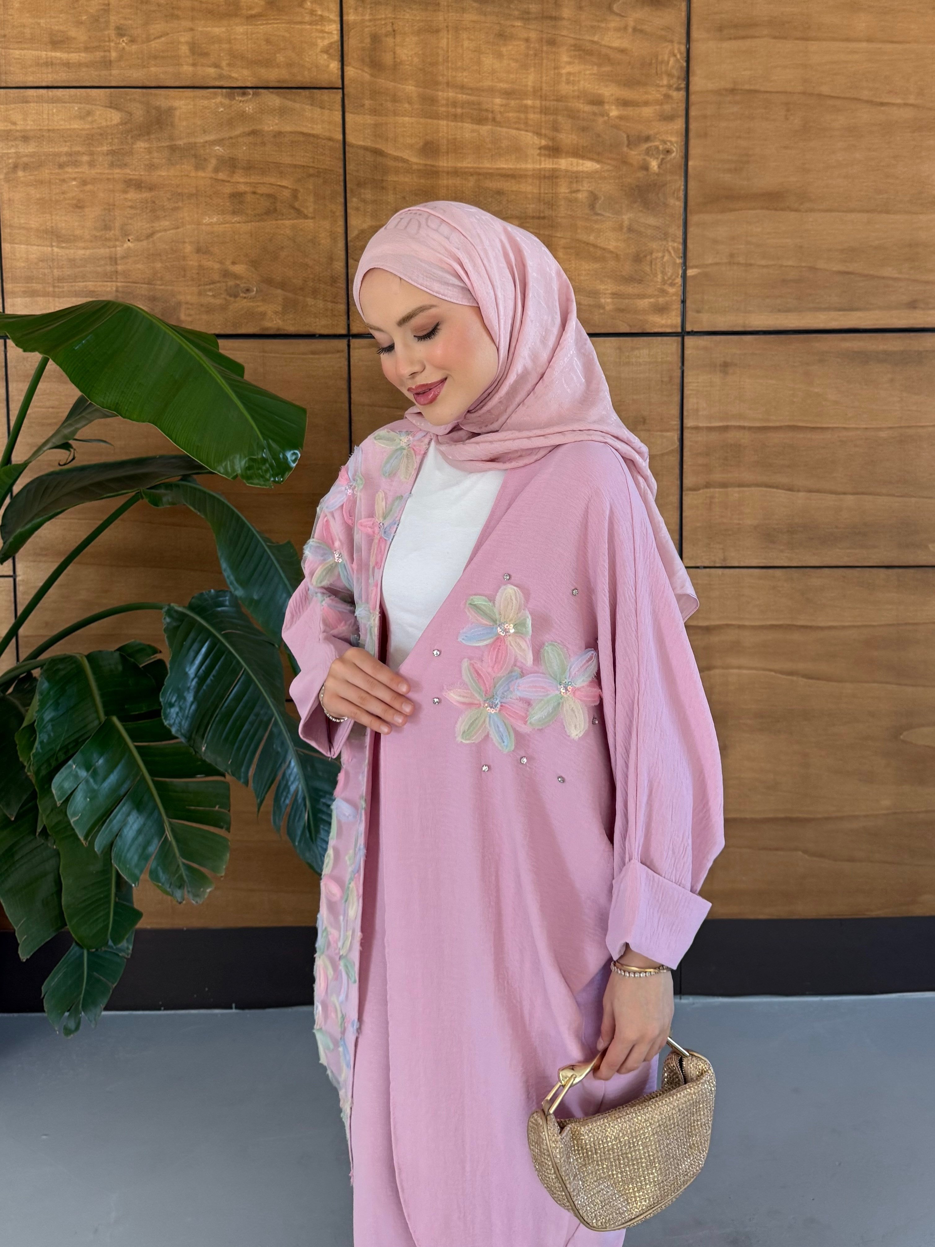 Elya İşlemeli Yarasa Kol Keten Takım - Pembe