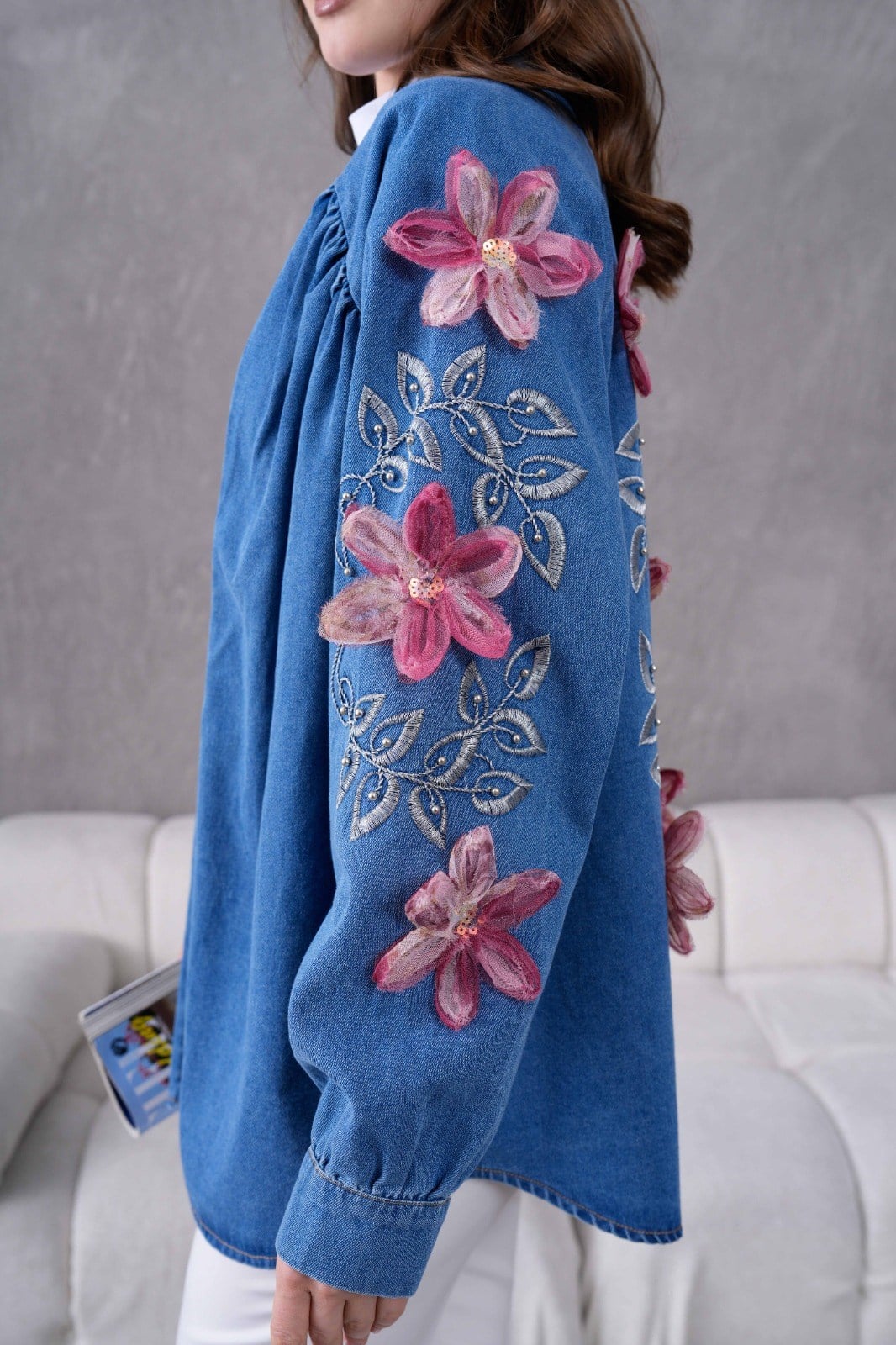 Jena İşlemeli Kot Kimono - Mavi