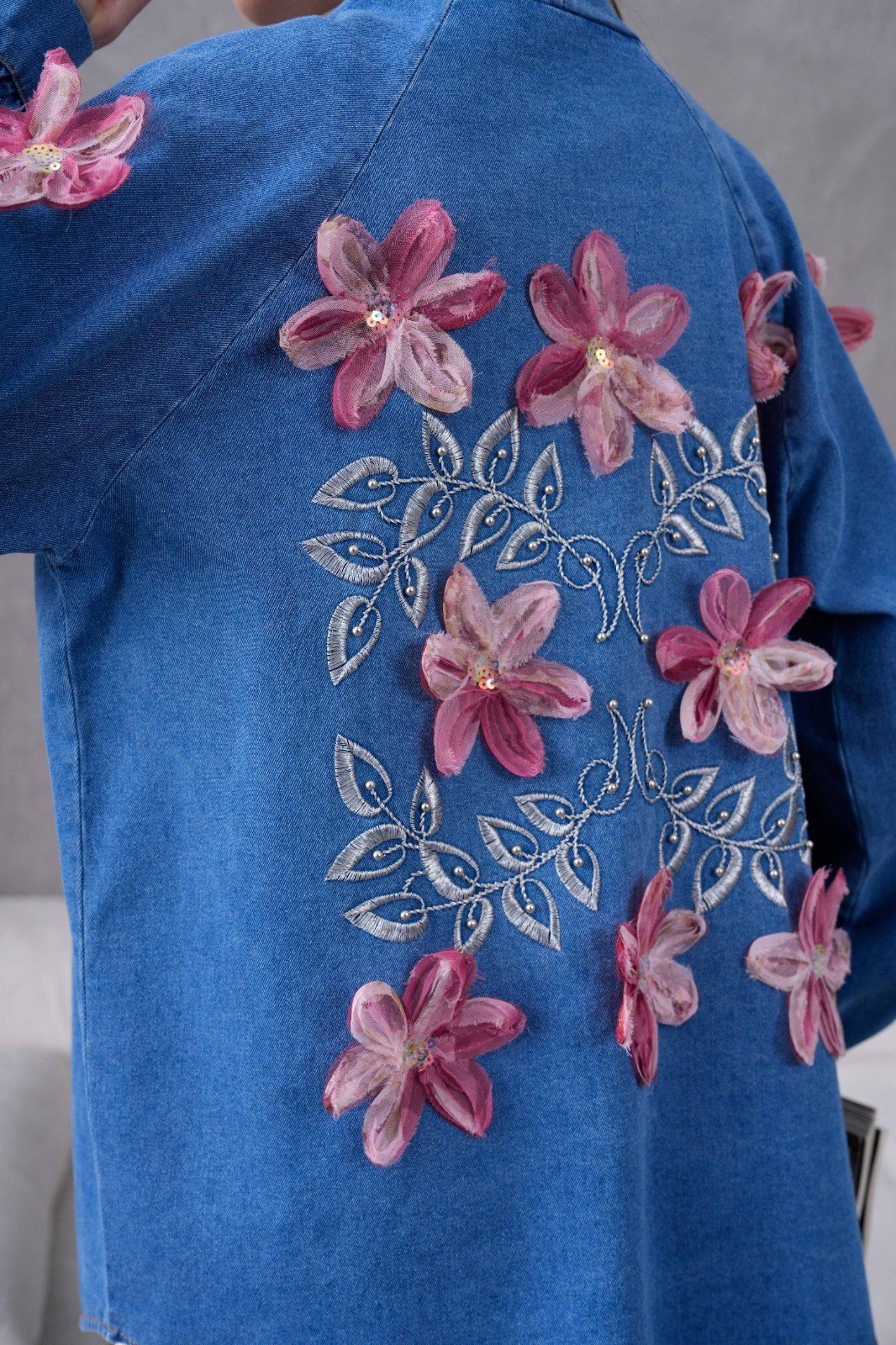 Jena İşlemeli Kot Kimono - Mavi
