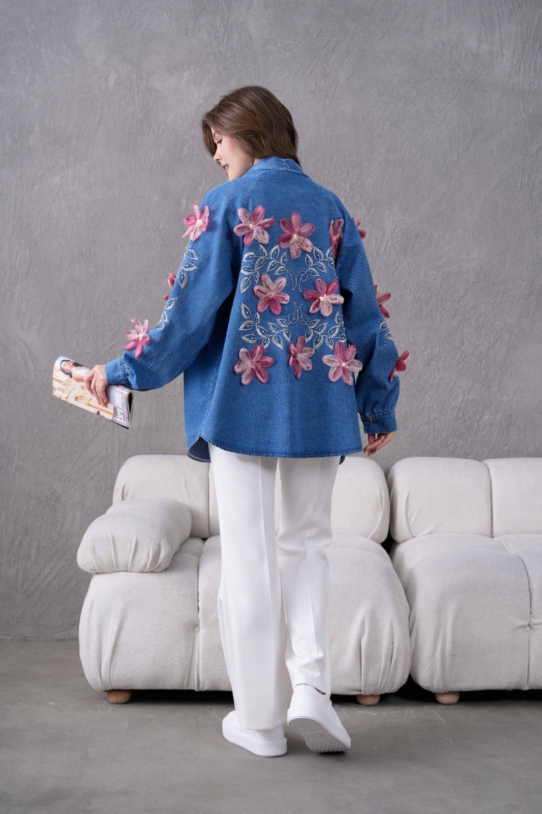 Jena İşlemeli Kot Kimono - Mavi