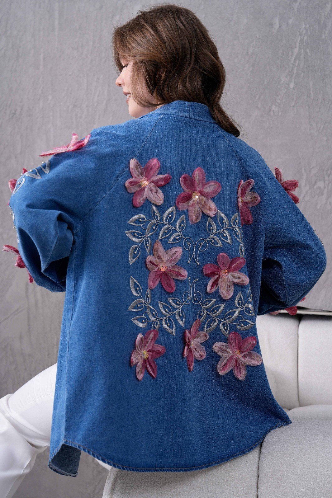 Jena İşlemeli Kot Kimono - Mavi