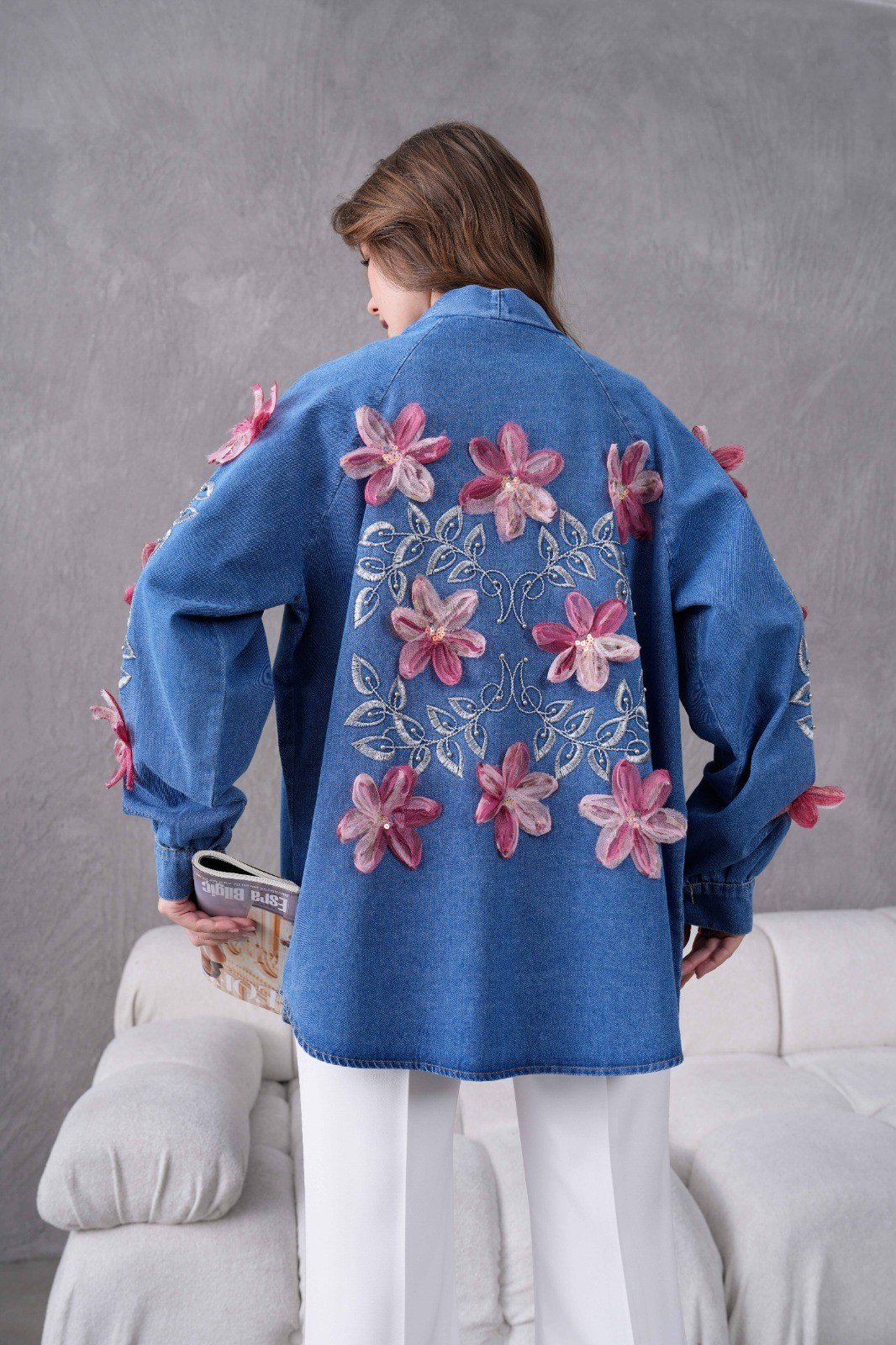 Jena İşlemeli Kot Kimono - Mavi