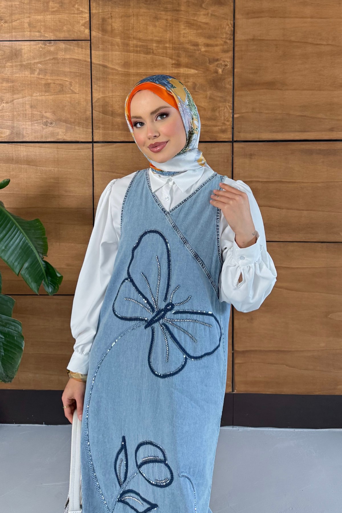 Lal İşlemeli Askılı Kot Elbise - Açık Mavi