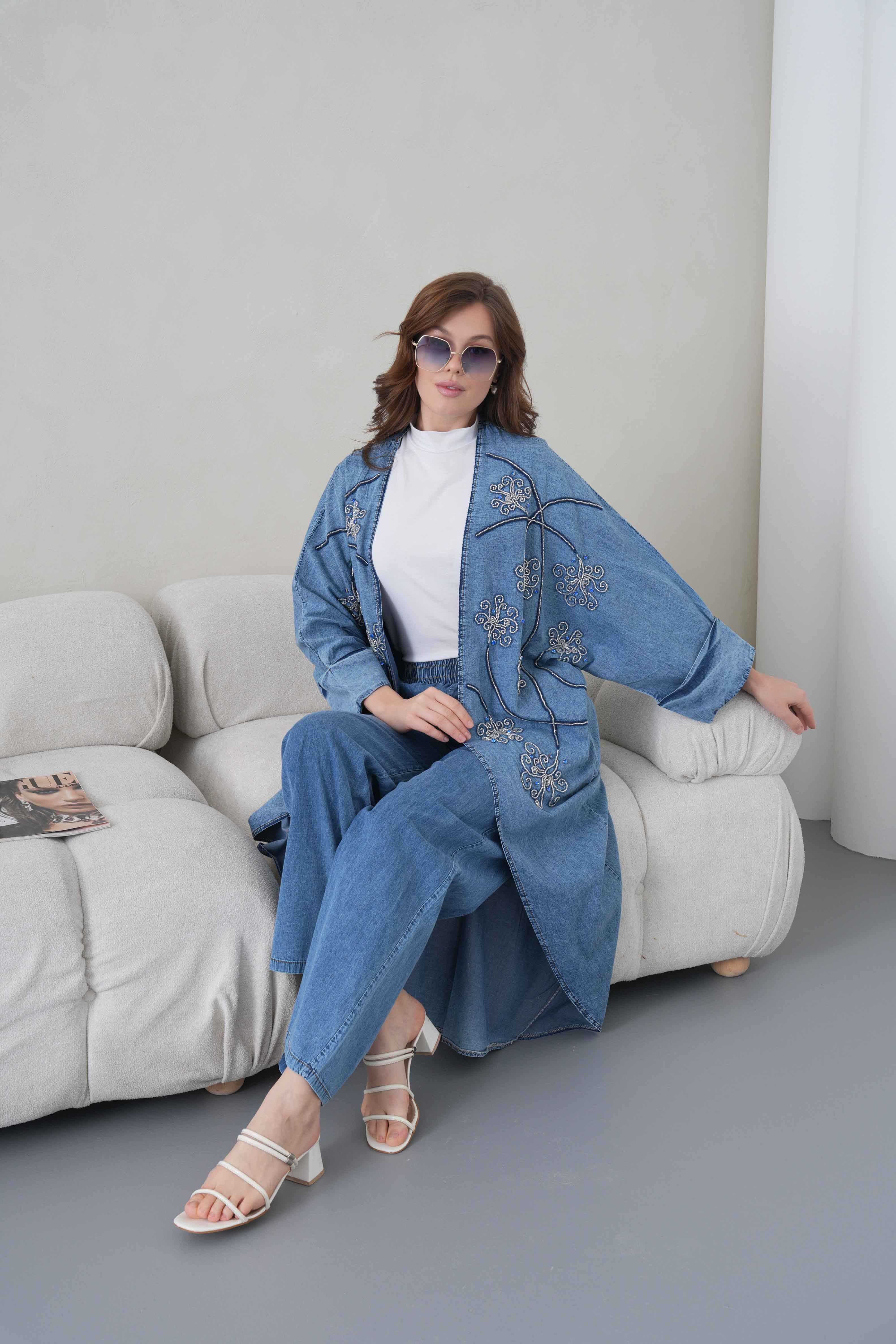 Larin İşlemeli Yarasa Kol Kot Takım - Lacivert