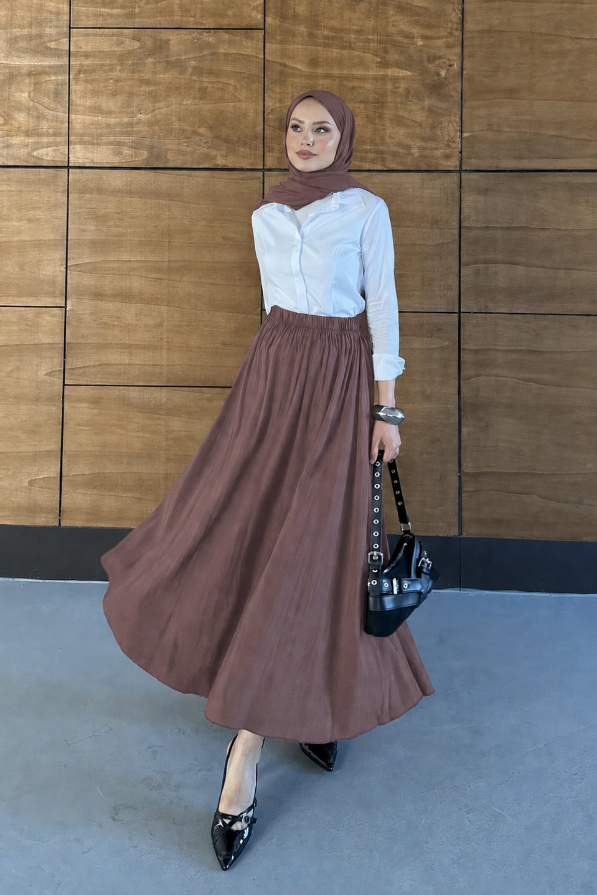 Lova Modal Kumaş Crush Etek - Koyu Kahverengi