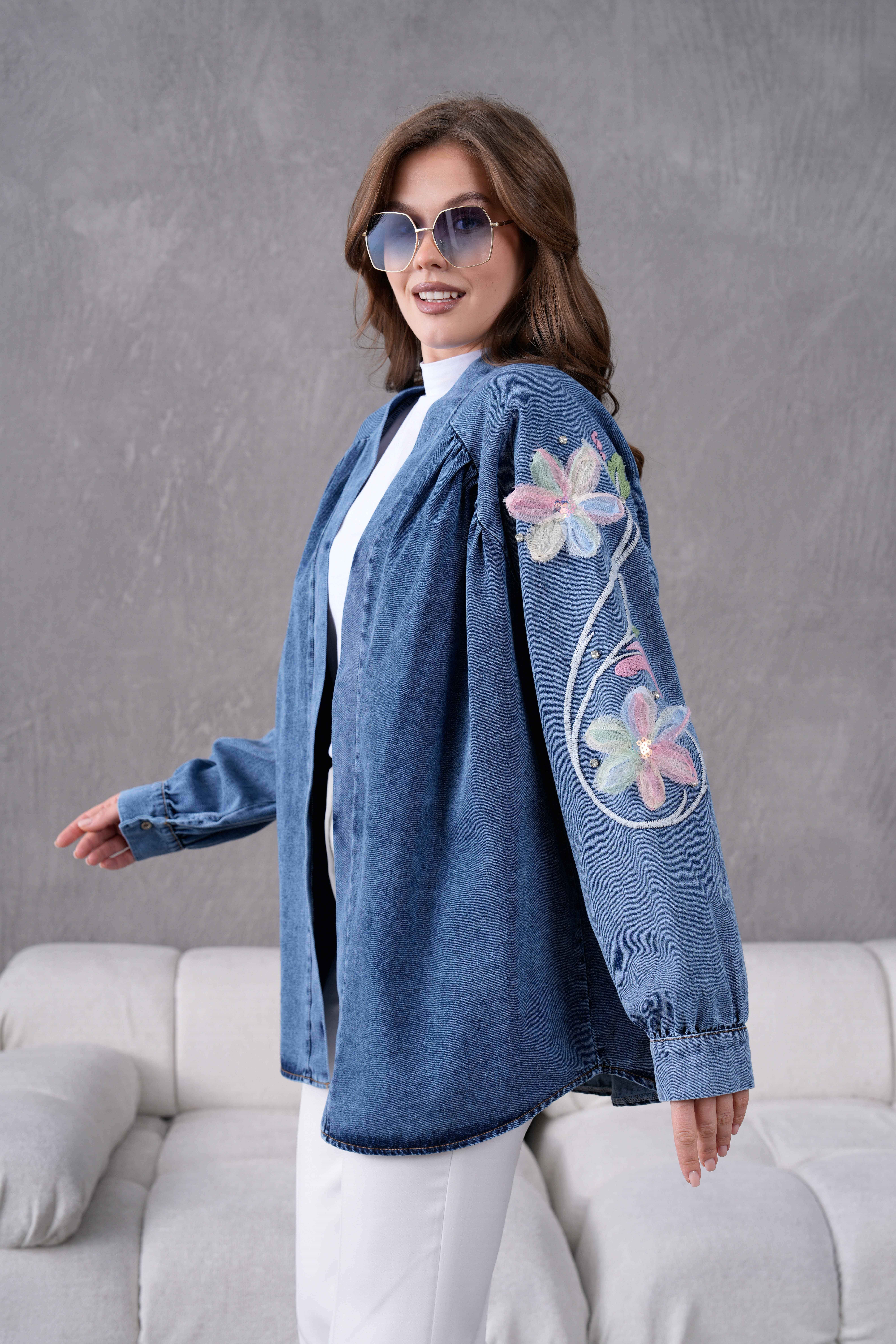 Melisa İşlemeli Kot Kimono - Lacivert