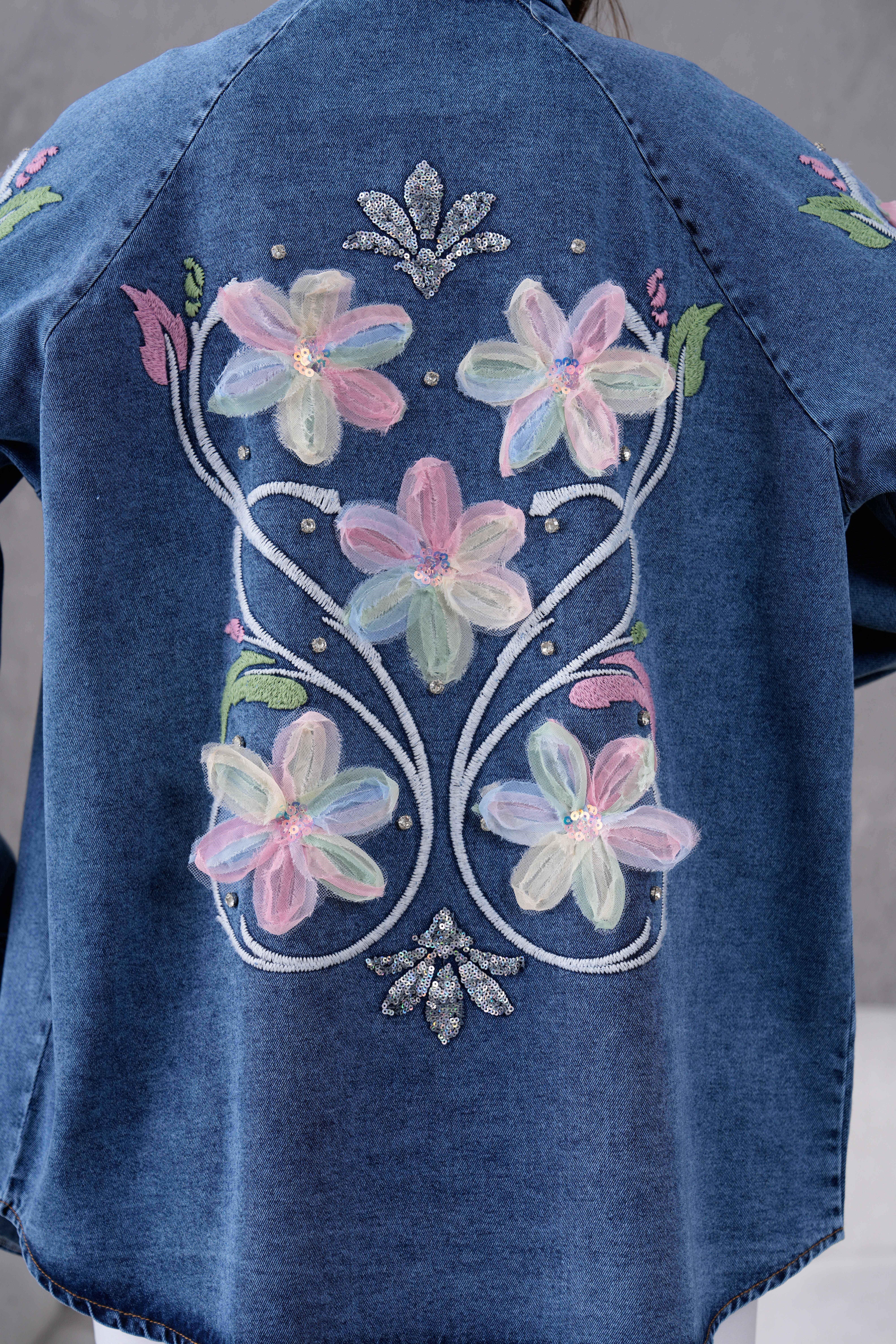 Melisa İşlemeli Kot Kimono - Lacivert