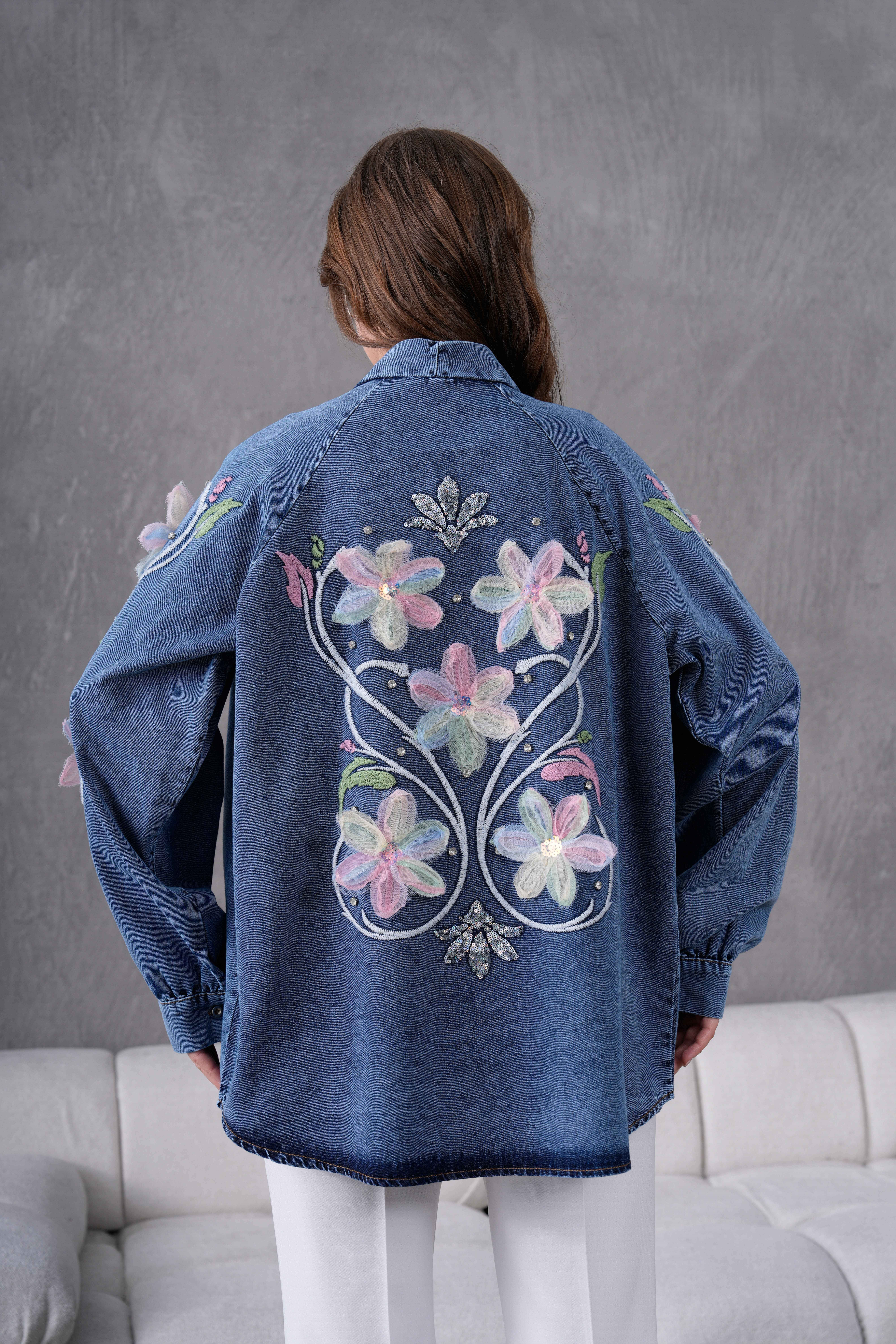 Melisa İşlemeli Kot Kimono - Lacivert